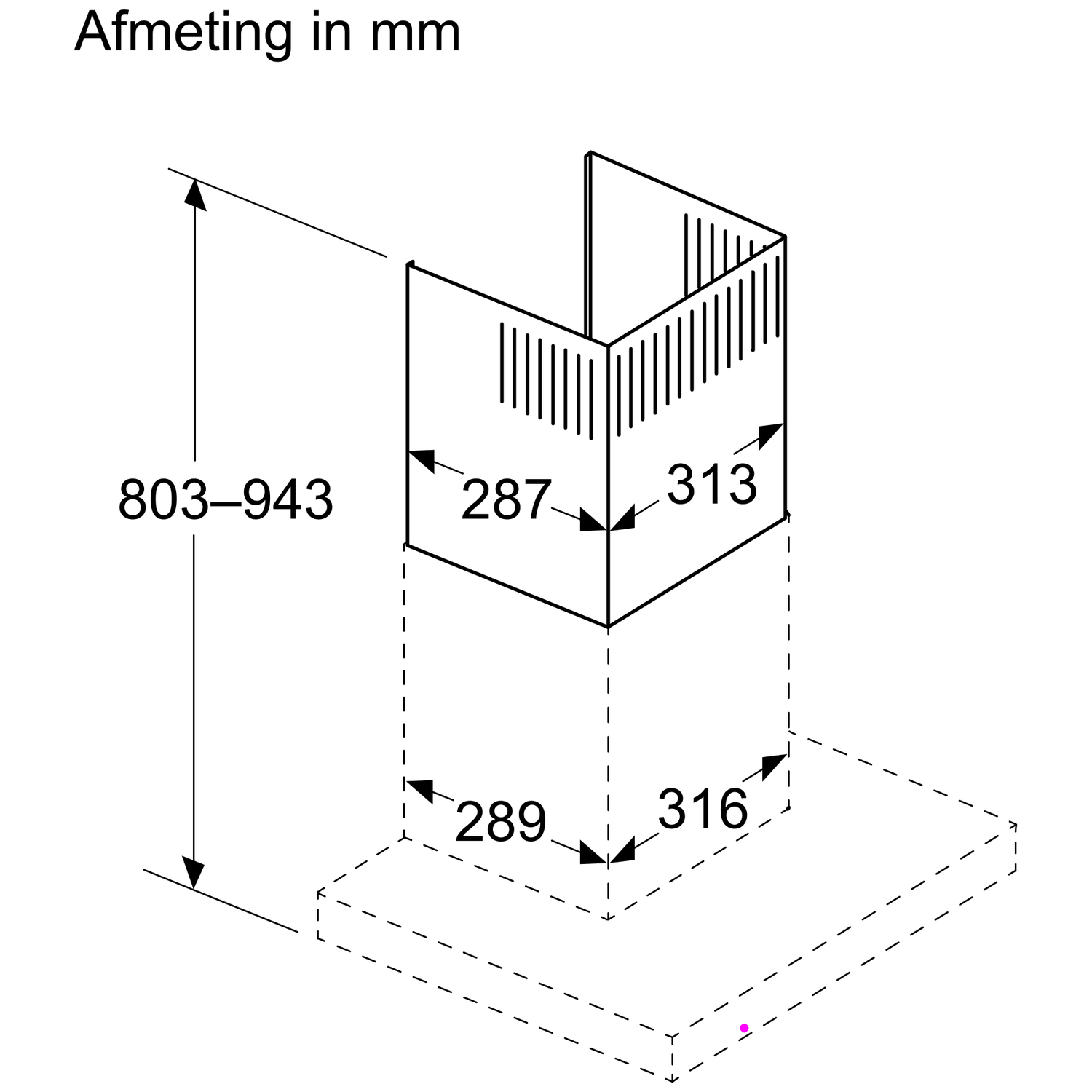 Technical drawing of a range hood with dimensions.