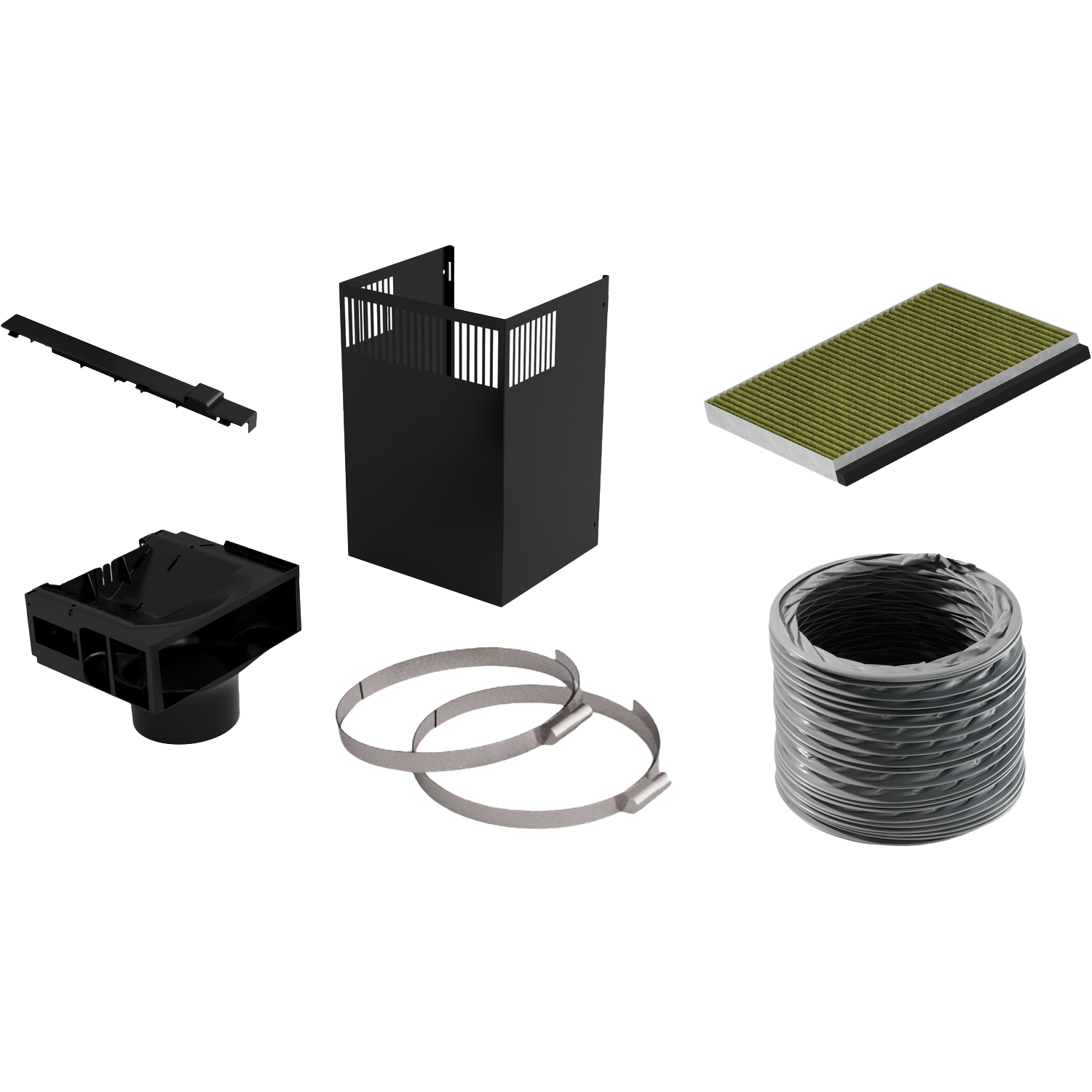 Several black and silver parts, including a filter, hose, and clamps.