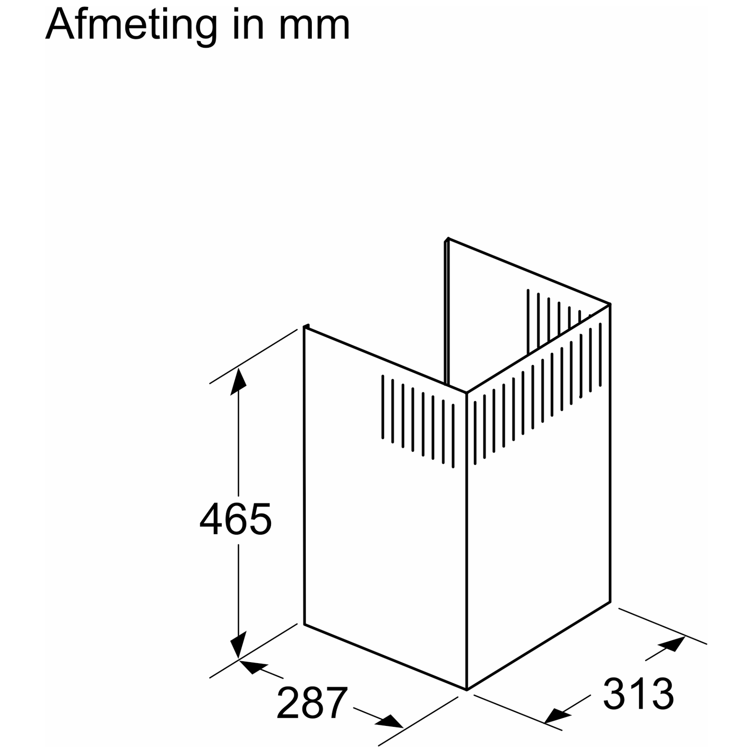 Technical drawing of a range hood with dimensions 287x313x465 mm.