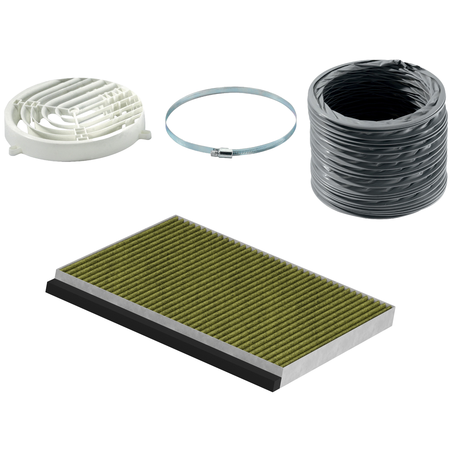 White vent cover, hose clamp, gray flexible duct, and air filter.