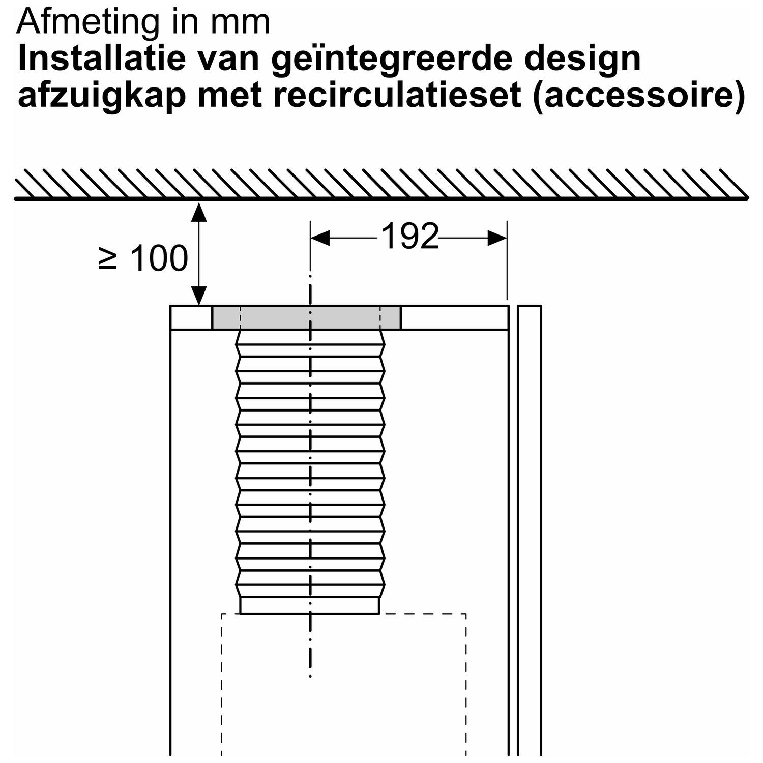 Diagram shows dimensions for an integrated hood with recirculation kit.