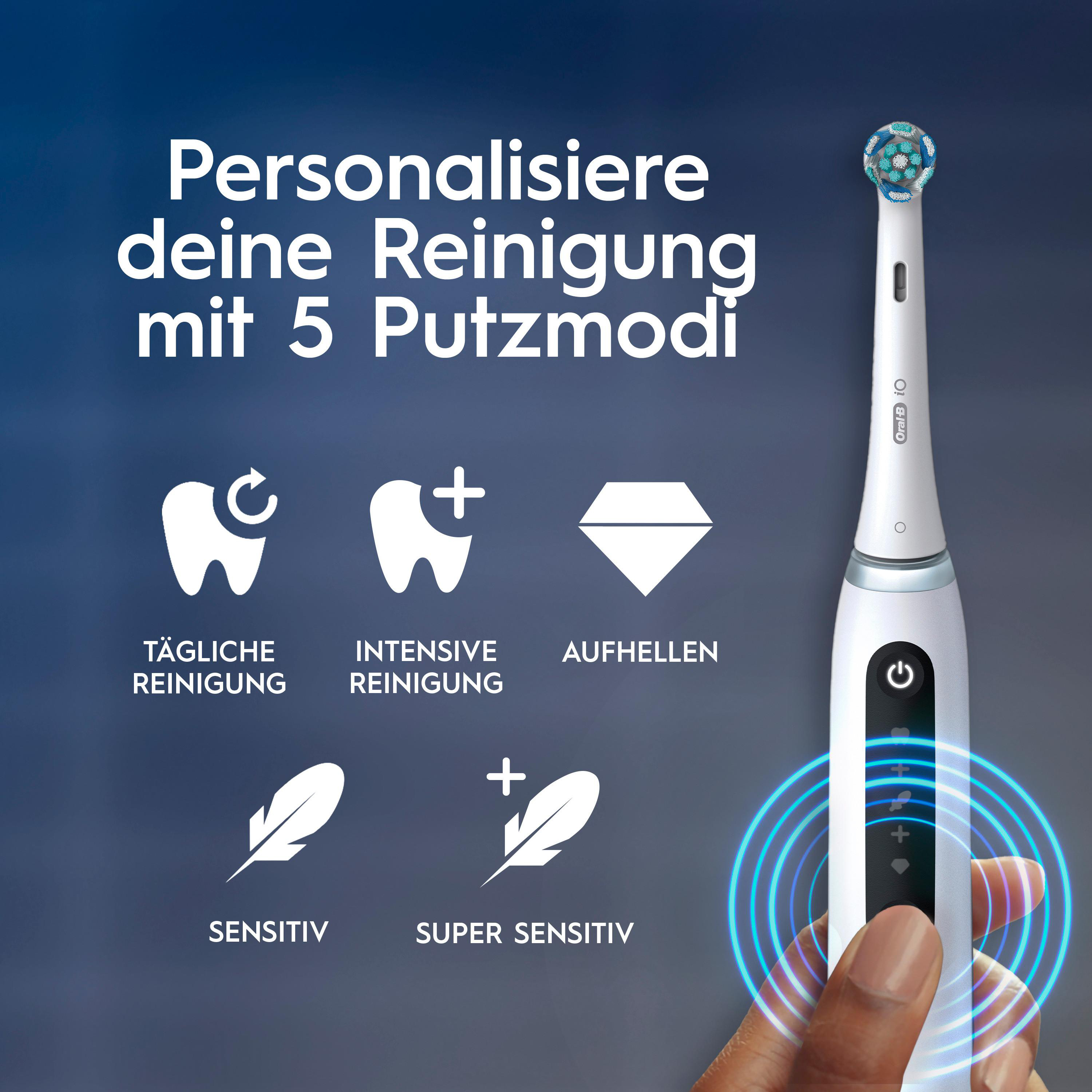 Elektrische Zahnbürste mit 5 Reinigungsmodi: Täglich, Intensiv, Aufhellen, Sensitiv, Super Sensitiv.