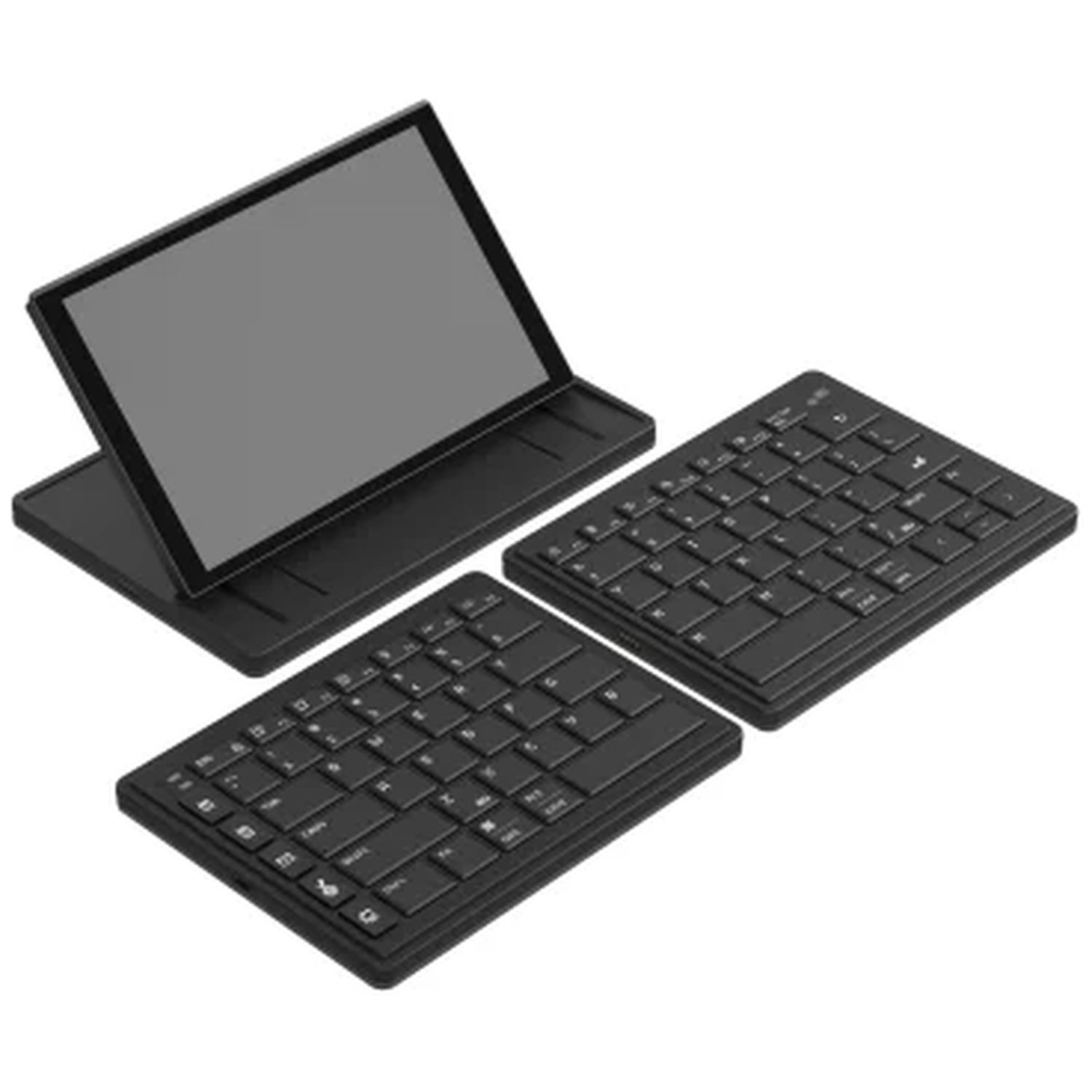 A black, foldable tablet with two separate keyboards in front.