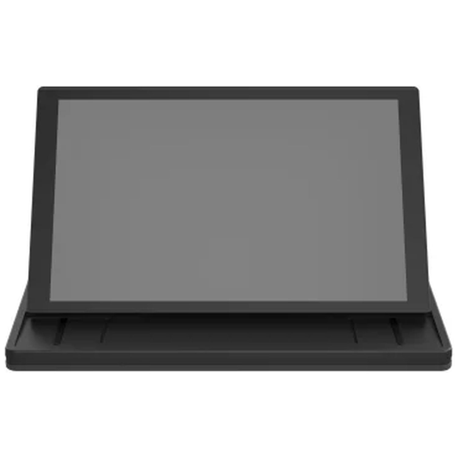 A black, rectangular screen angled back on a base with slots.