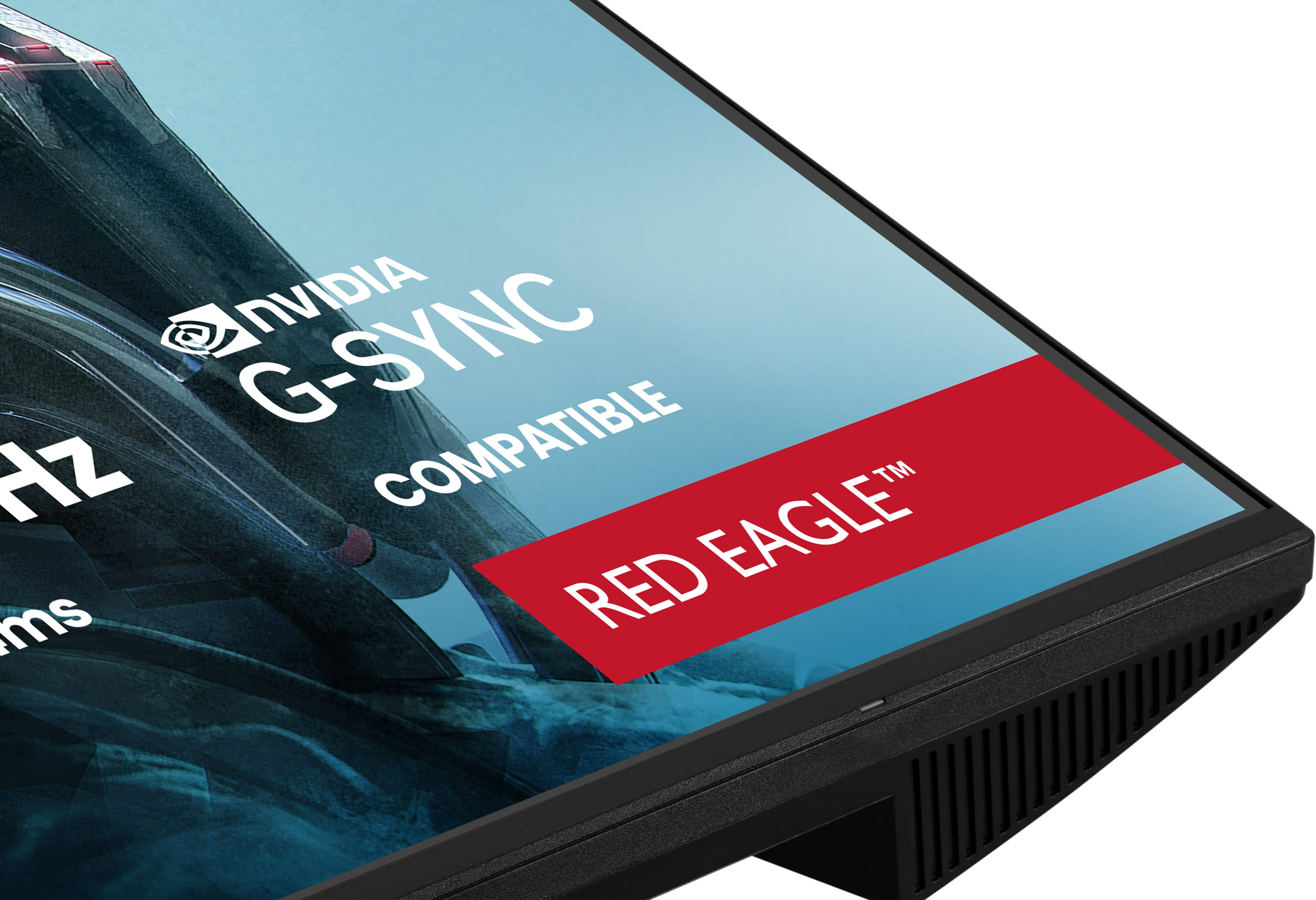Monitor wyświetla tekst NVIDIA G-SYNC i RED EAGLE na niebieskim tle.