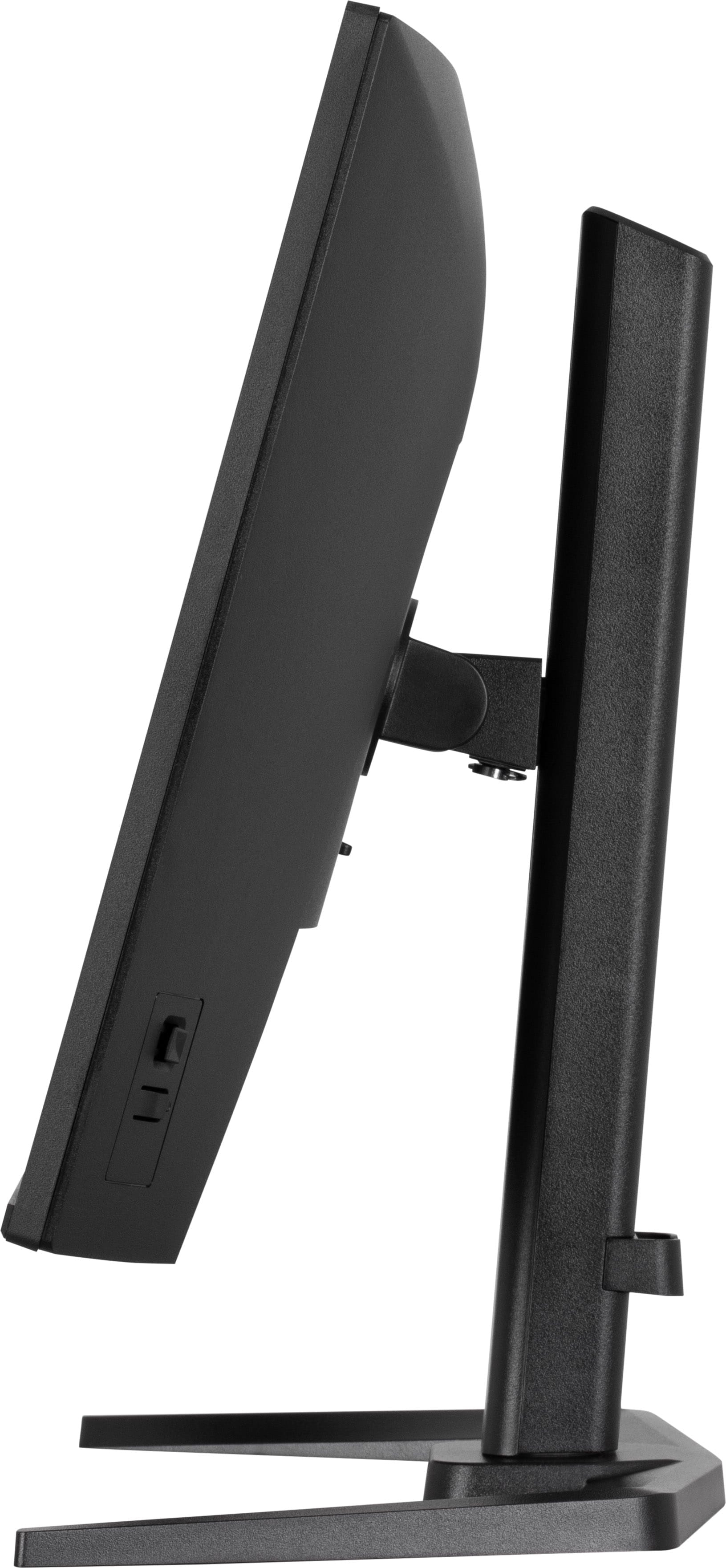 Czarny monitor komputerowy na stojaku, widok z boku.