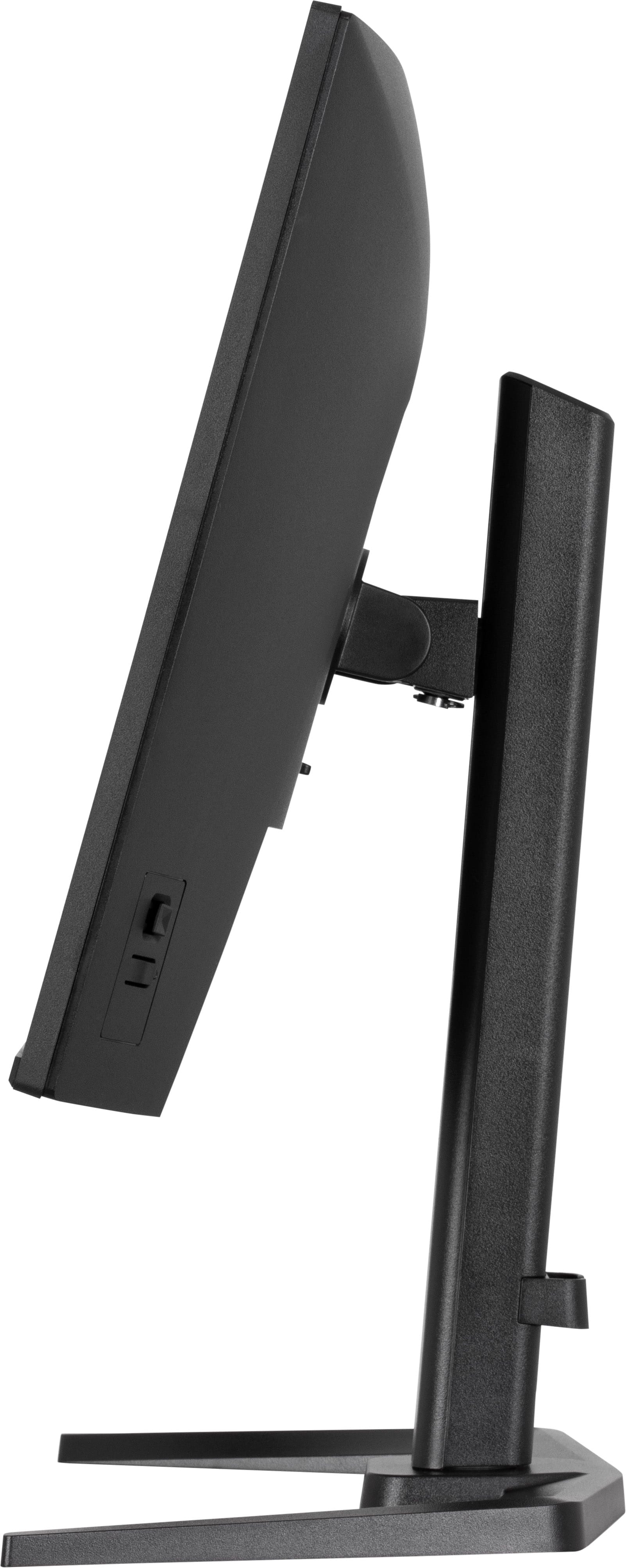 Widok z boku czarnego monitora ze stojakiem i portami.