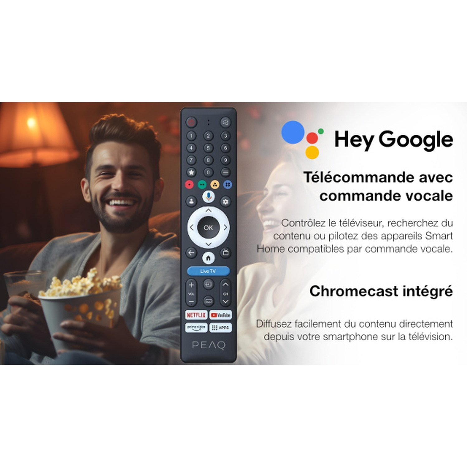 Man with remote and popcorn, Hey Google logo, voice control, and Chromecast.