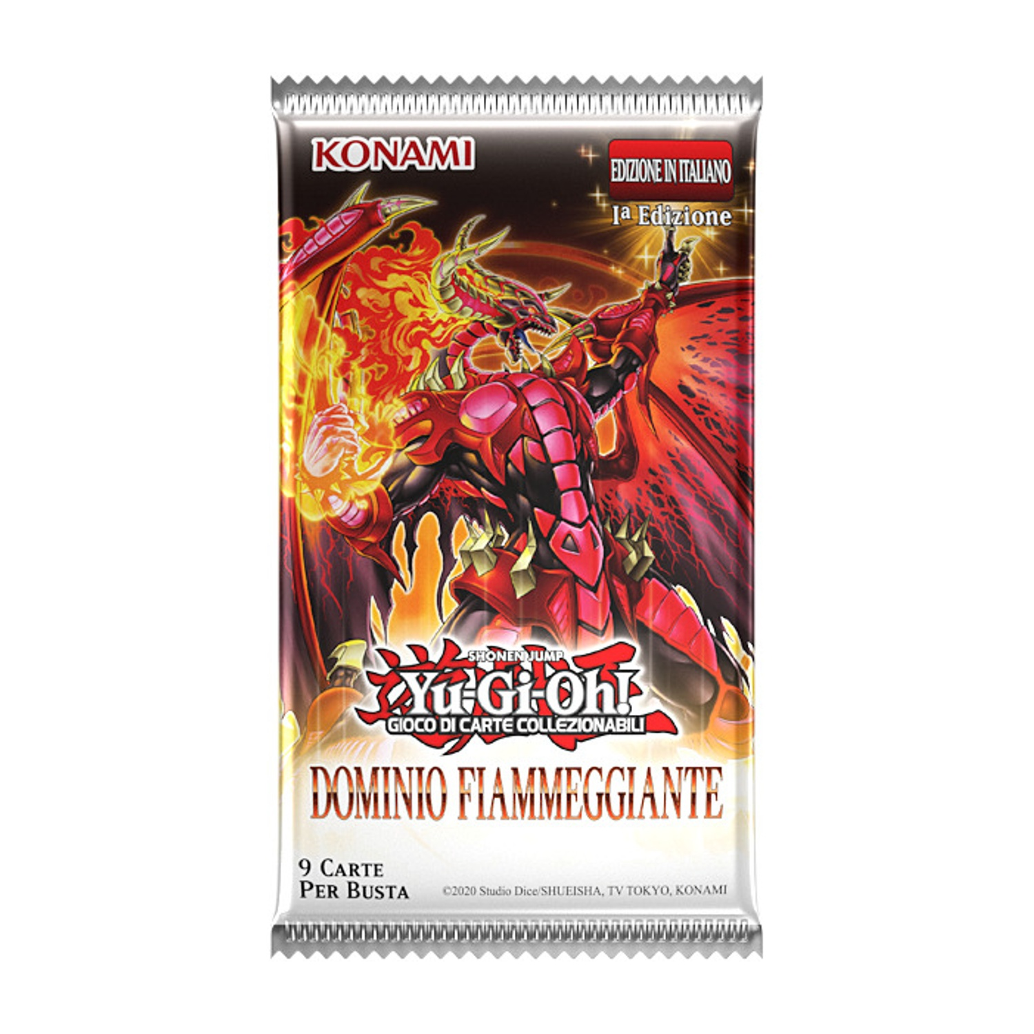 Bustina di carte Yu-Gi-Oh! con drago rosso e fiamme.