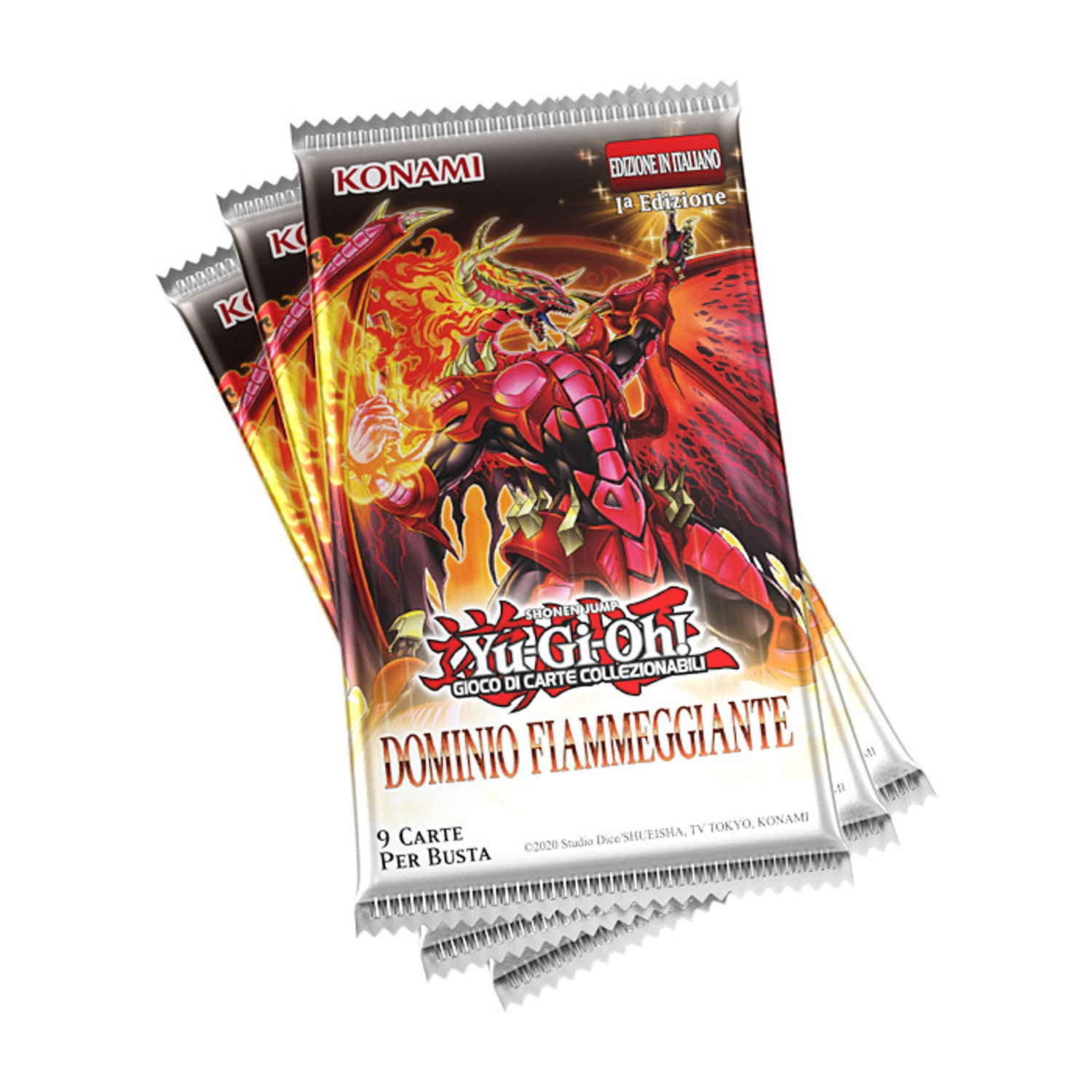 Tre buste di carte Yu-Gi-Oh! con un drago rosso sul fronte.
