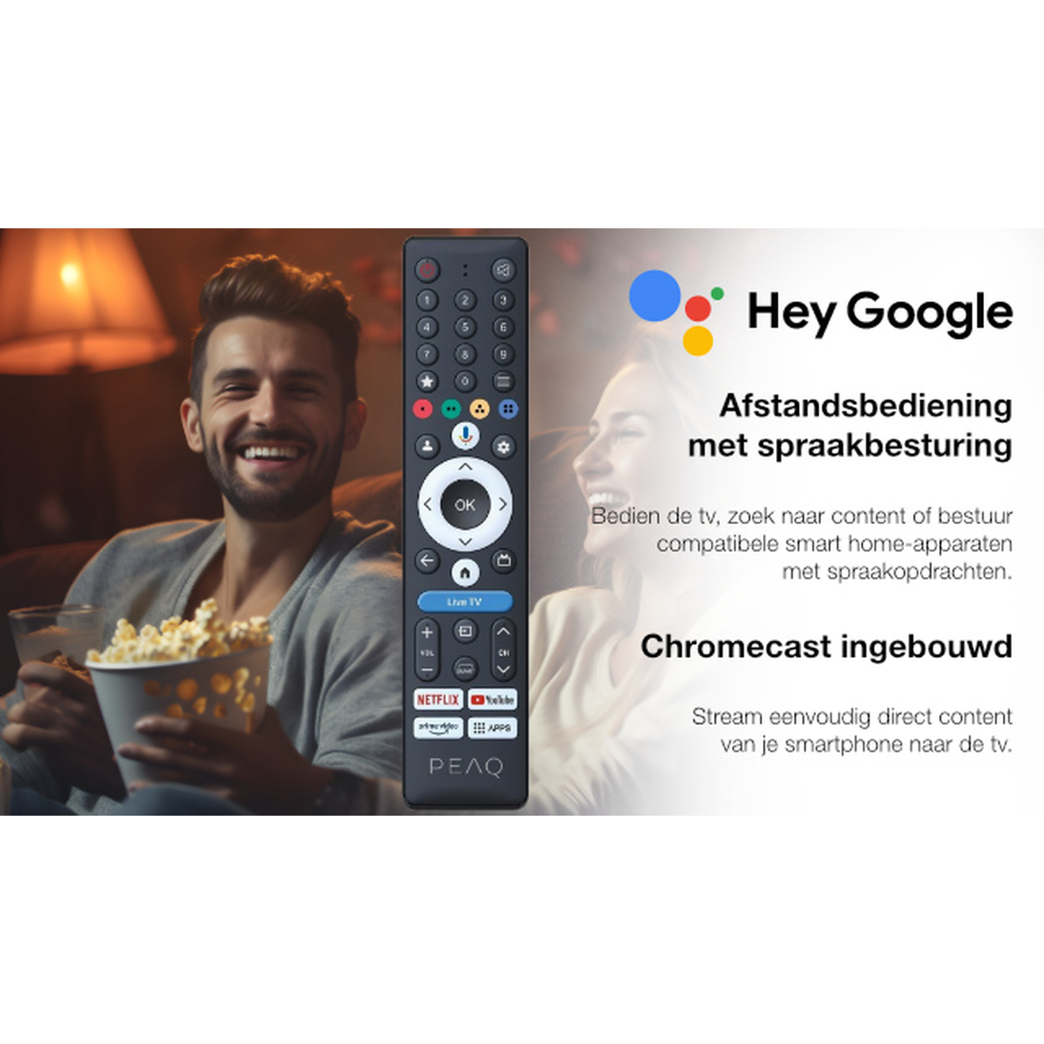Man with popcorn and remote, Hey Google, voice control.