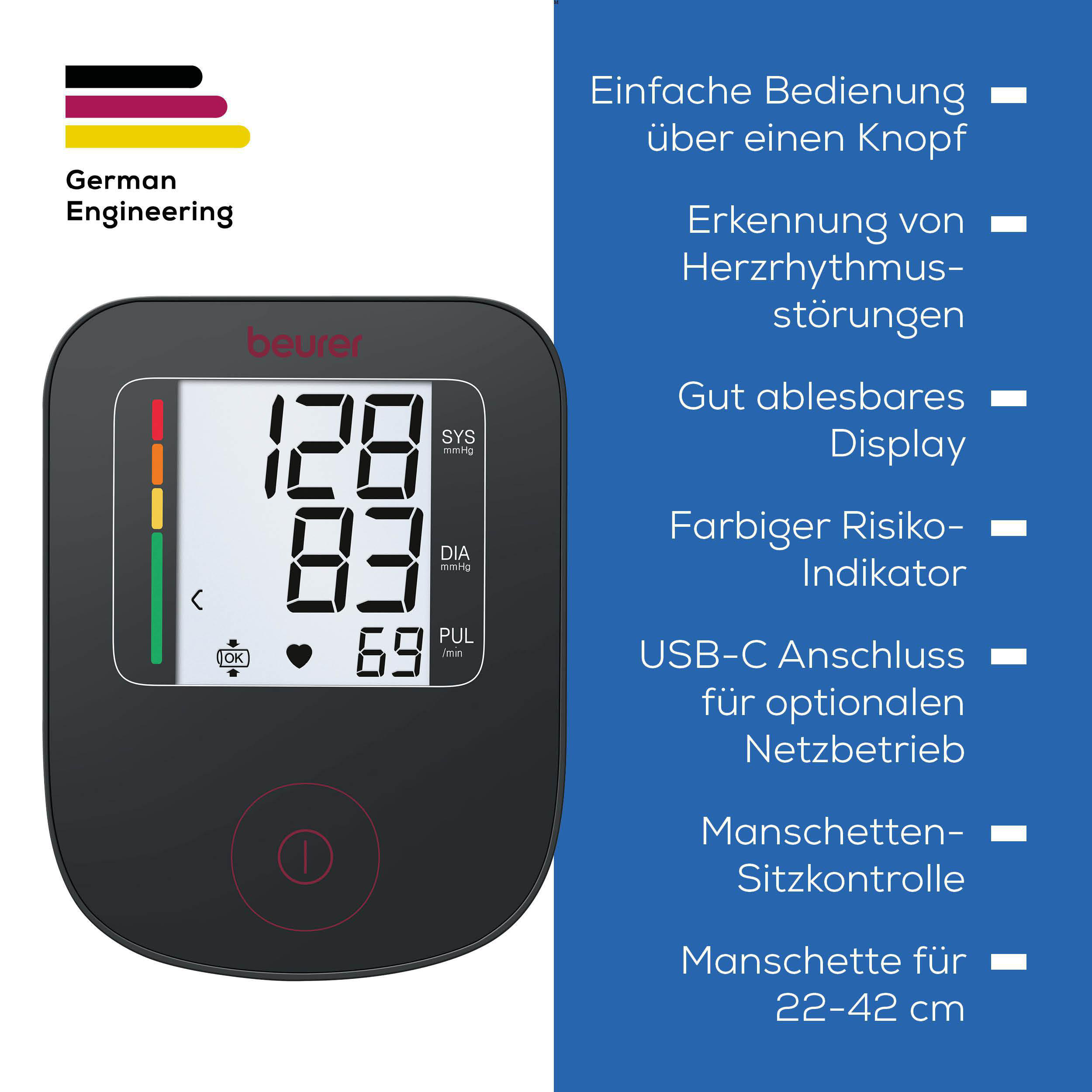 Ein digitales Blutdruckmessgerät mit Anzeige von SYS, DIA, Puls und Risikoindikator.