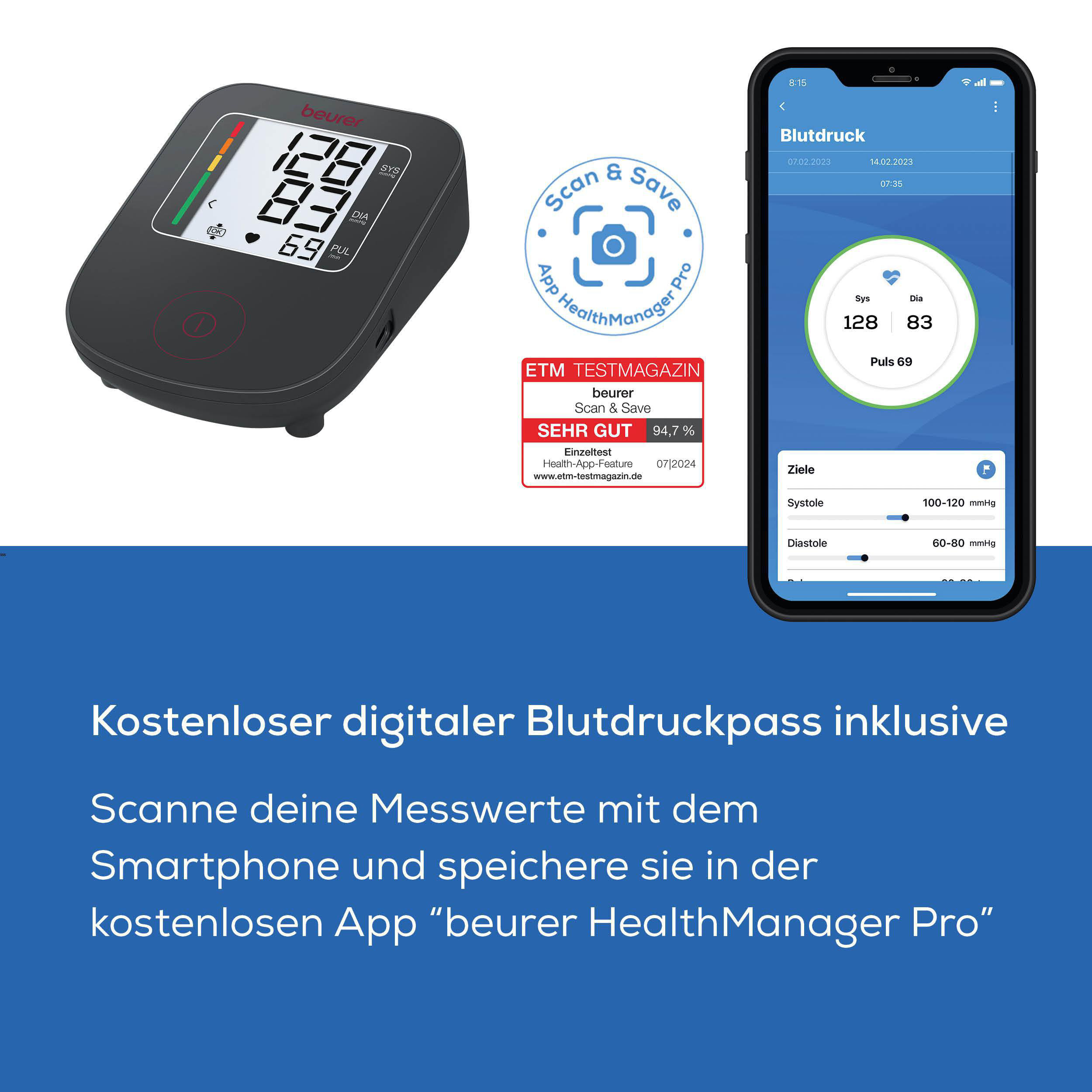 Beurer Blutdruckmessgerät und Smartphone-App "HealthManager Pro".