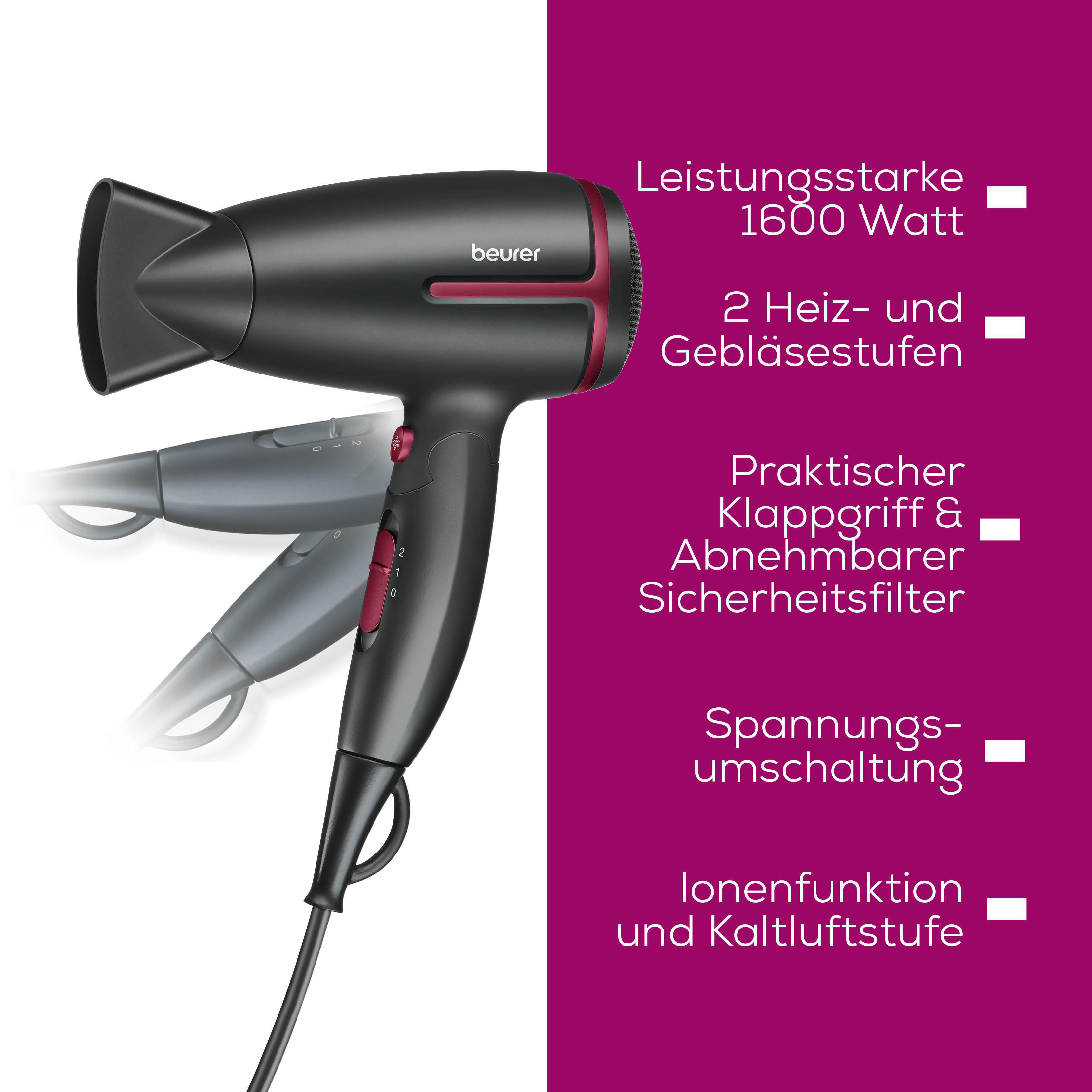 Schwarzer Föhn mit roten Akzenten und Bedienelementen.