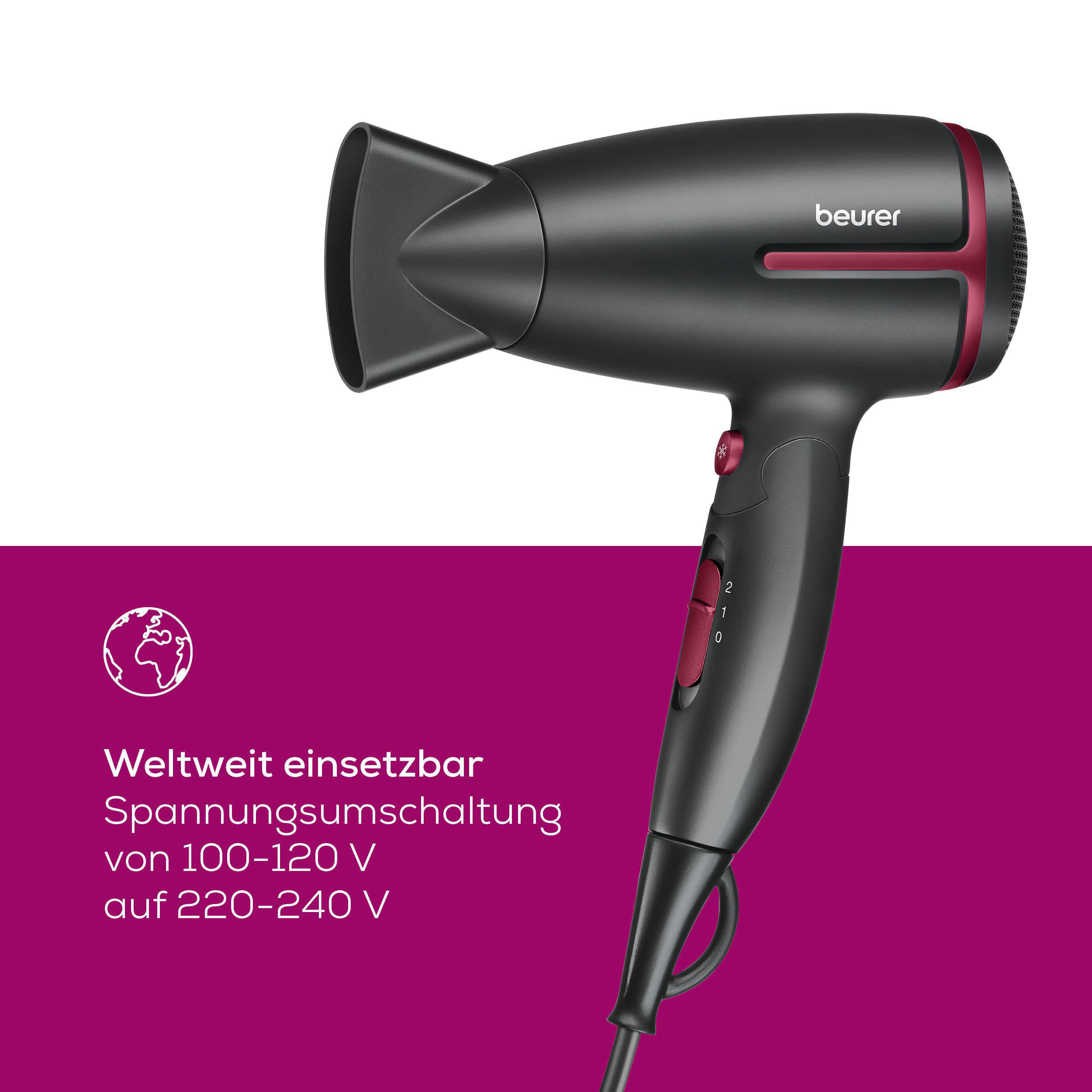 Schwarzer Haartrockner mit rotem Akzent und Bedienelementen.