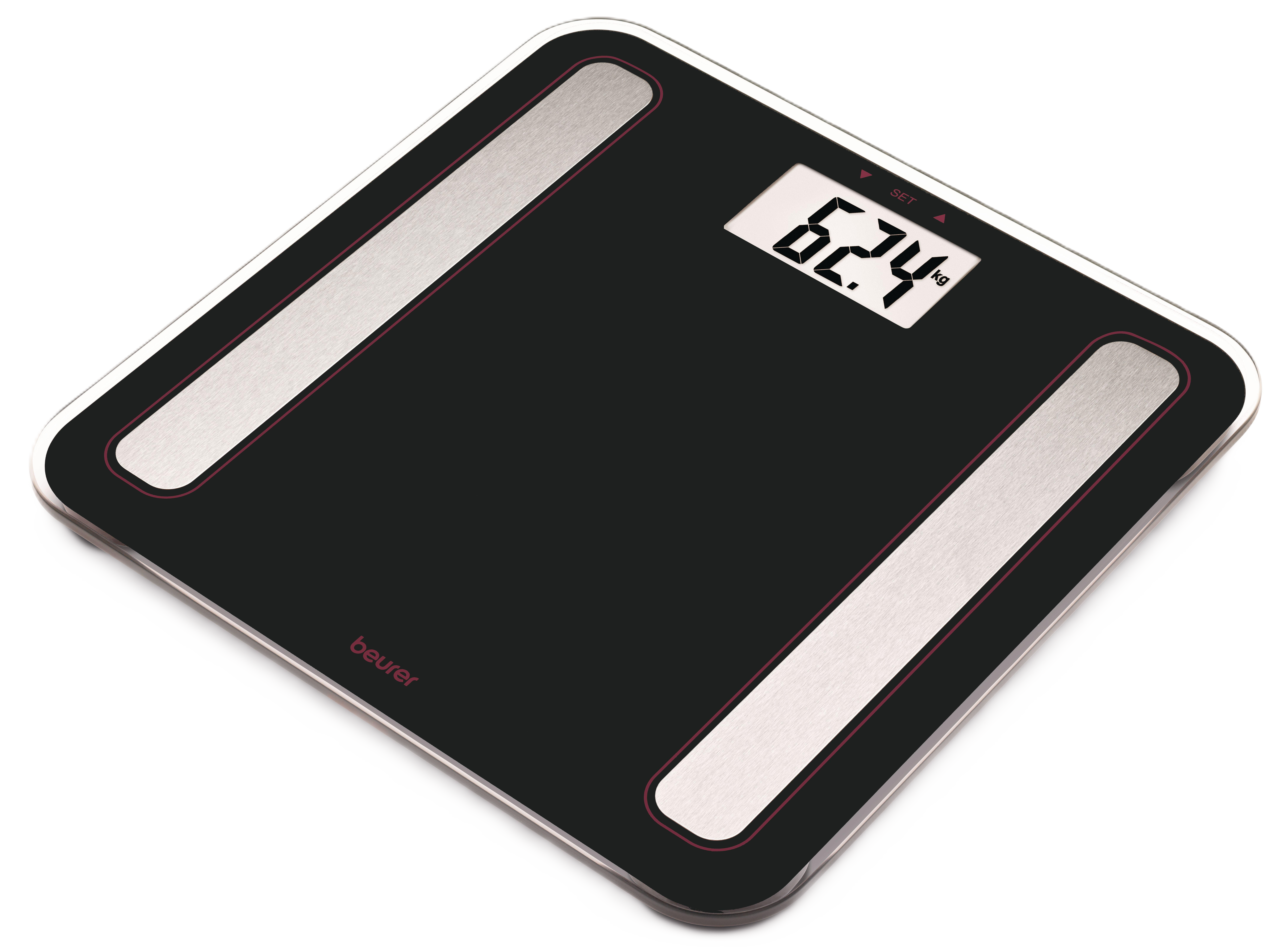 Schwarze Personenwaage mit digitaler Anzeige von 62,4 kg und silbernen Akzenten.