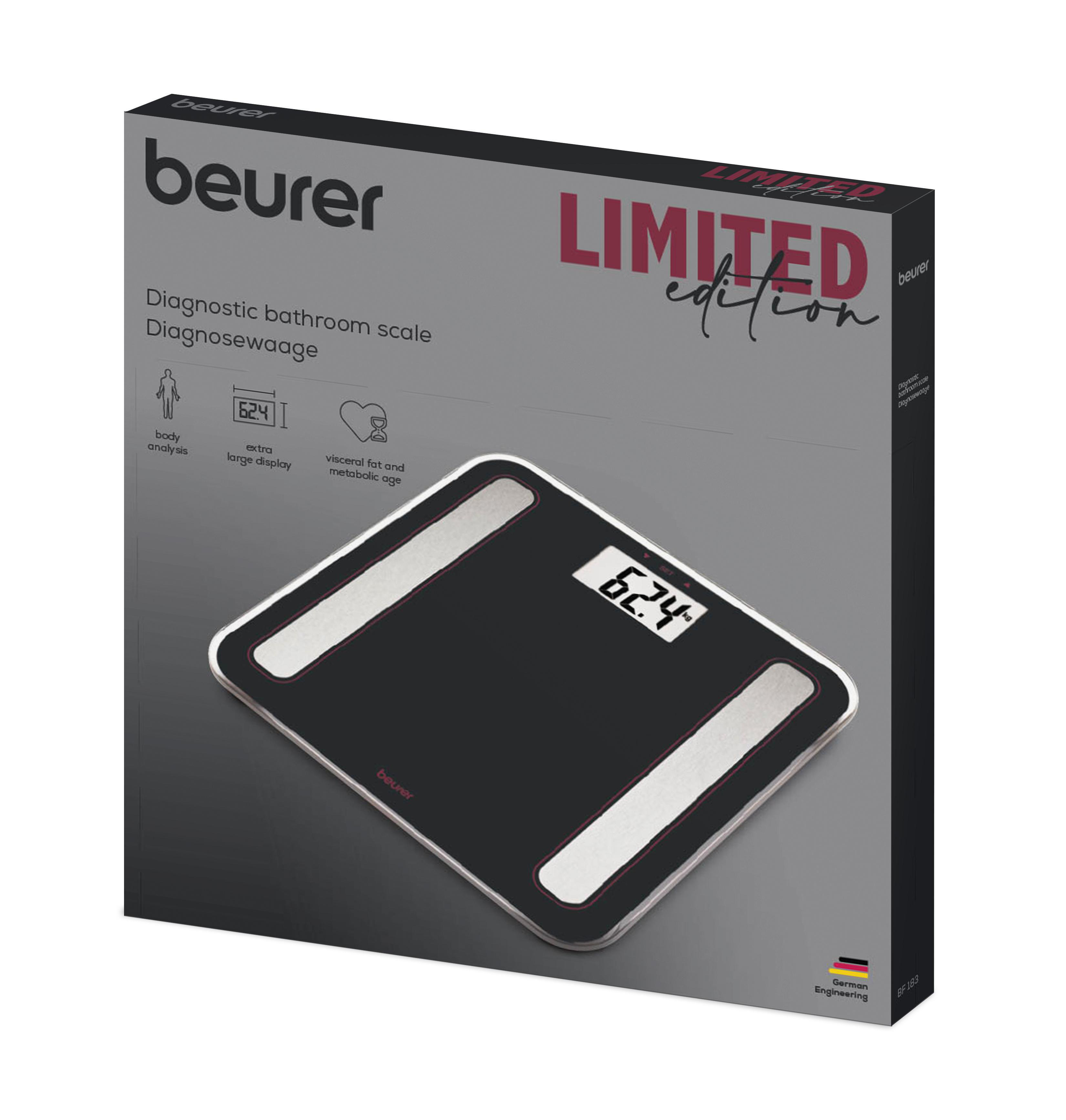 Schwarze Beurer Personenwaage mit digitaler Anzeige (62.4 kg) und silbernen Elementen.