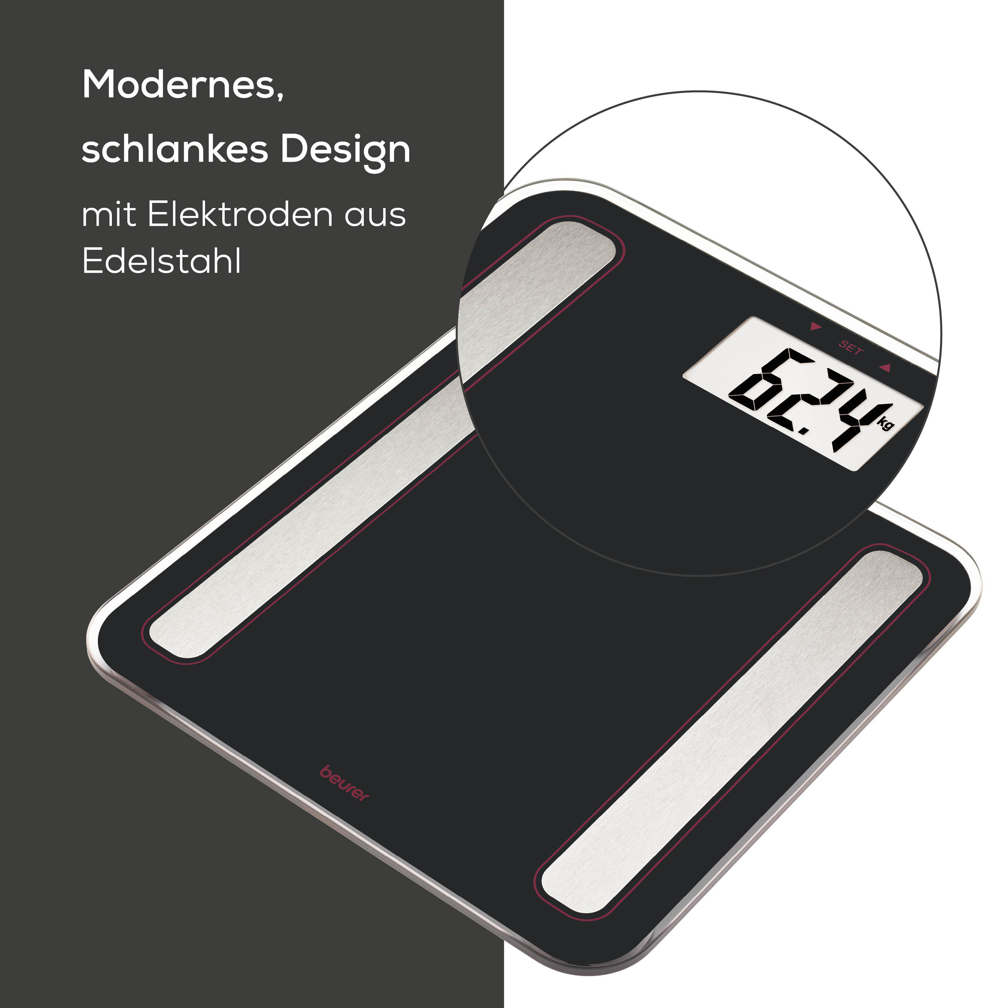 Schwarze digitale Personenwaage mit Edelstahlflächen und Anzeige 62,4 kg.