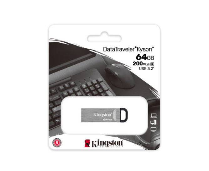 Kingston DataTraveler Kyson 64GB USB 3.2 USB bellek, klavye ve fareli ambalajında.