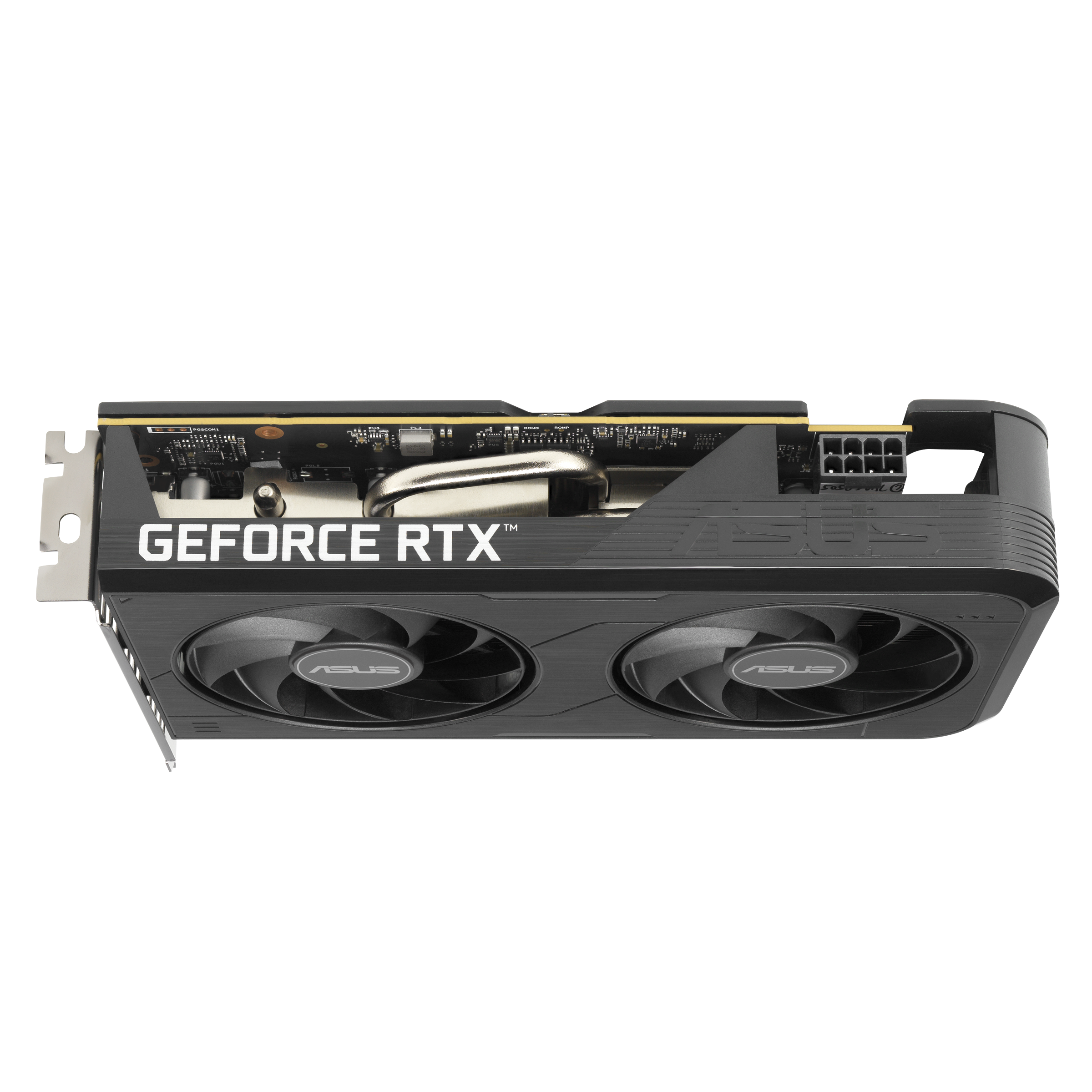 Eine schwarze Grafikkarte mit zwei Lüftern und der Aufschrift "GEFORCE RTX".