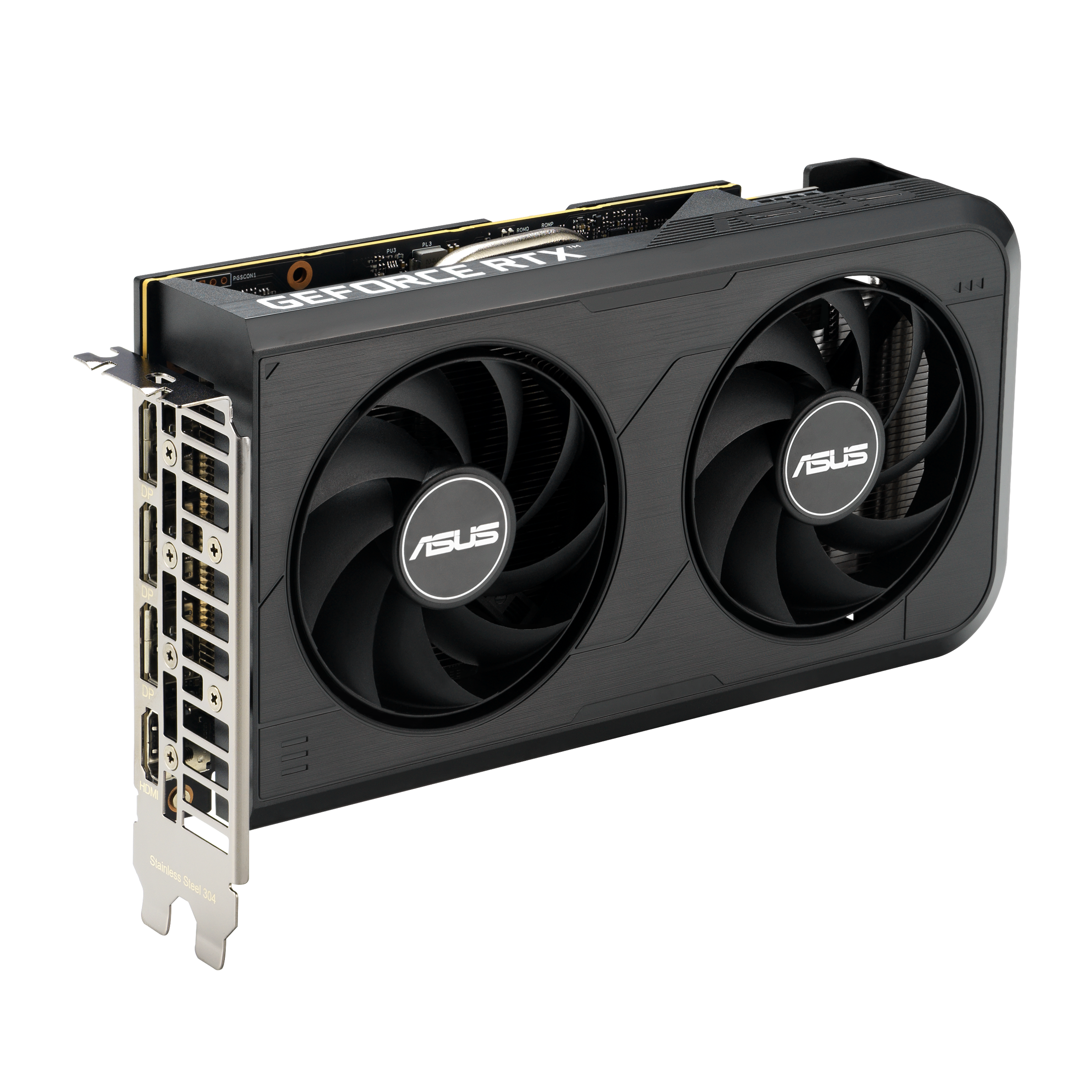Schwarze Grafikkarte mit zwei Lüftern, ASUS-Logo und Anschlüssen.