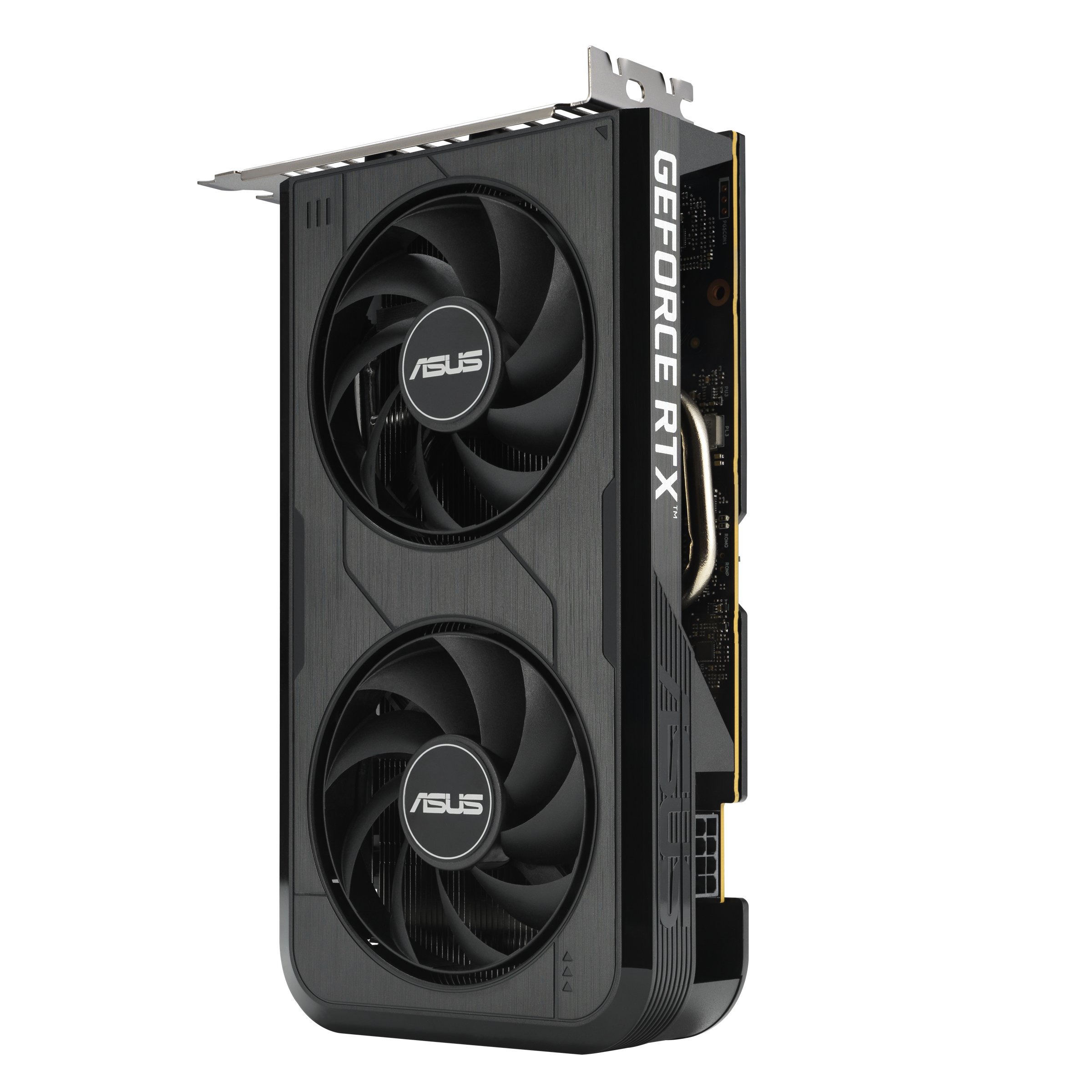 Schwarze ASUS GeForce RTX Grafikkarte mit zwei Lüftern und silbernem Anschlussblech.