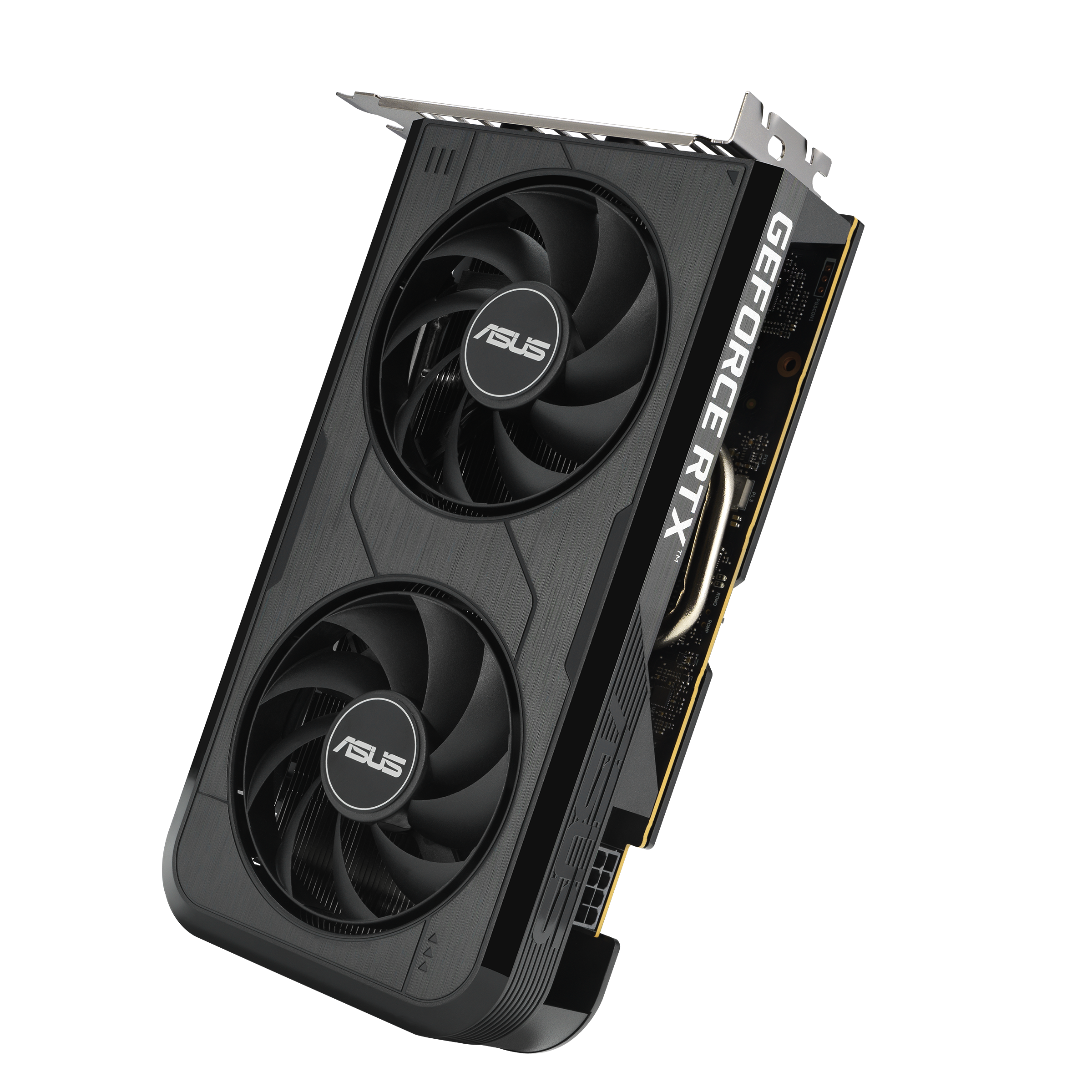 Schwarze ASUS GeForce RTX Grafikkarte mit zwei Lüftern und silbernem Anschluss.