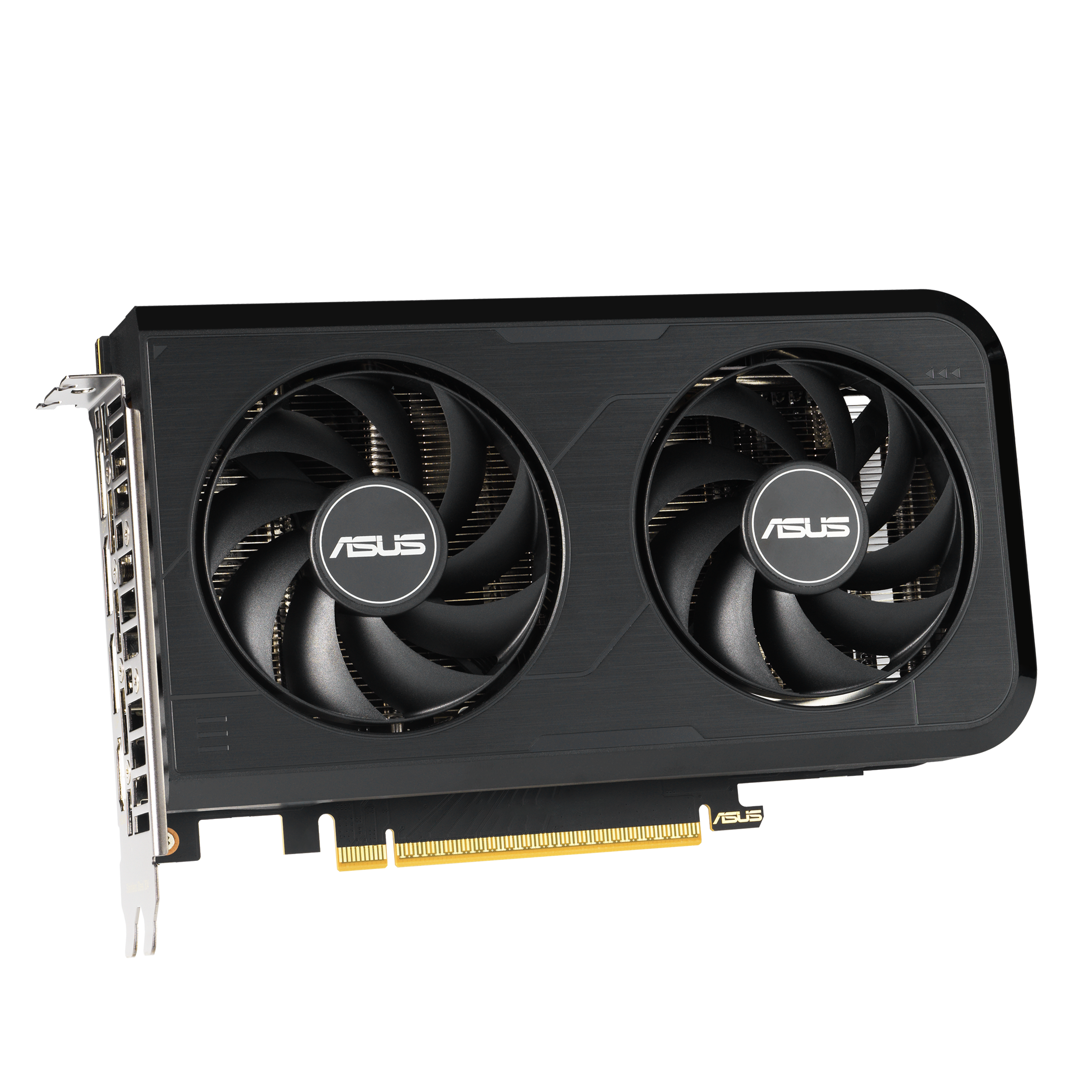 Schwarze Grafikkarte mit zwei Lüftern und ASUS-Logo, goldener Anschluss.