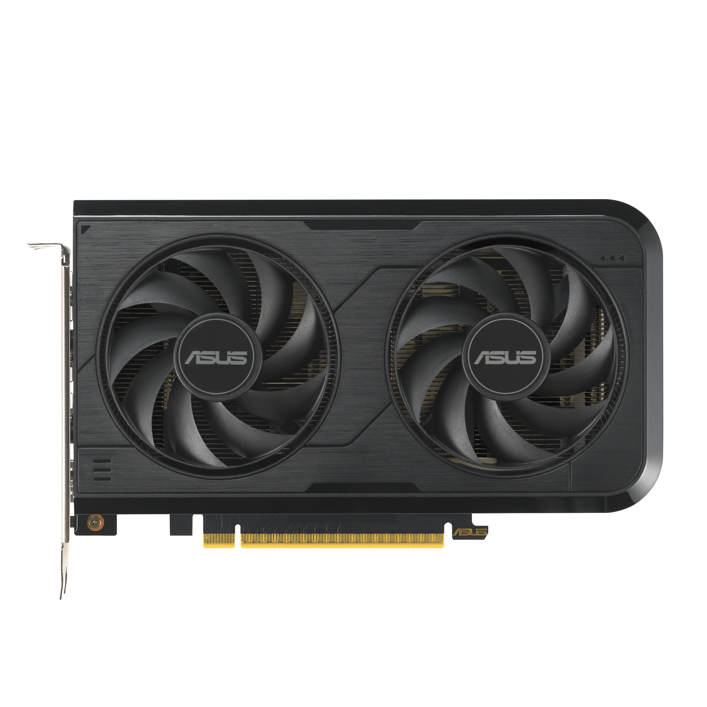 Schwarze Grafikkarte mit zwei Lüftern und ASUS-Logo auf weißem Hintergrund.