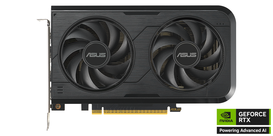 Schwarze Grafikkarte mit zwei Lüftern und Asus-Logo, Nvidia GeForce RTX-Aufkleber.