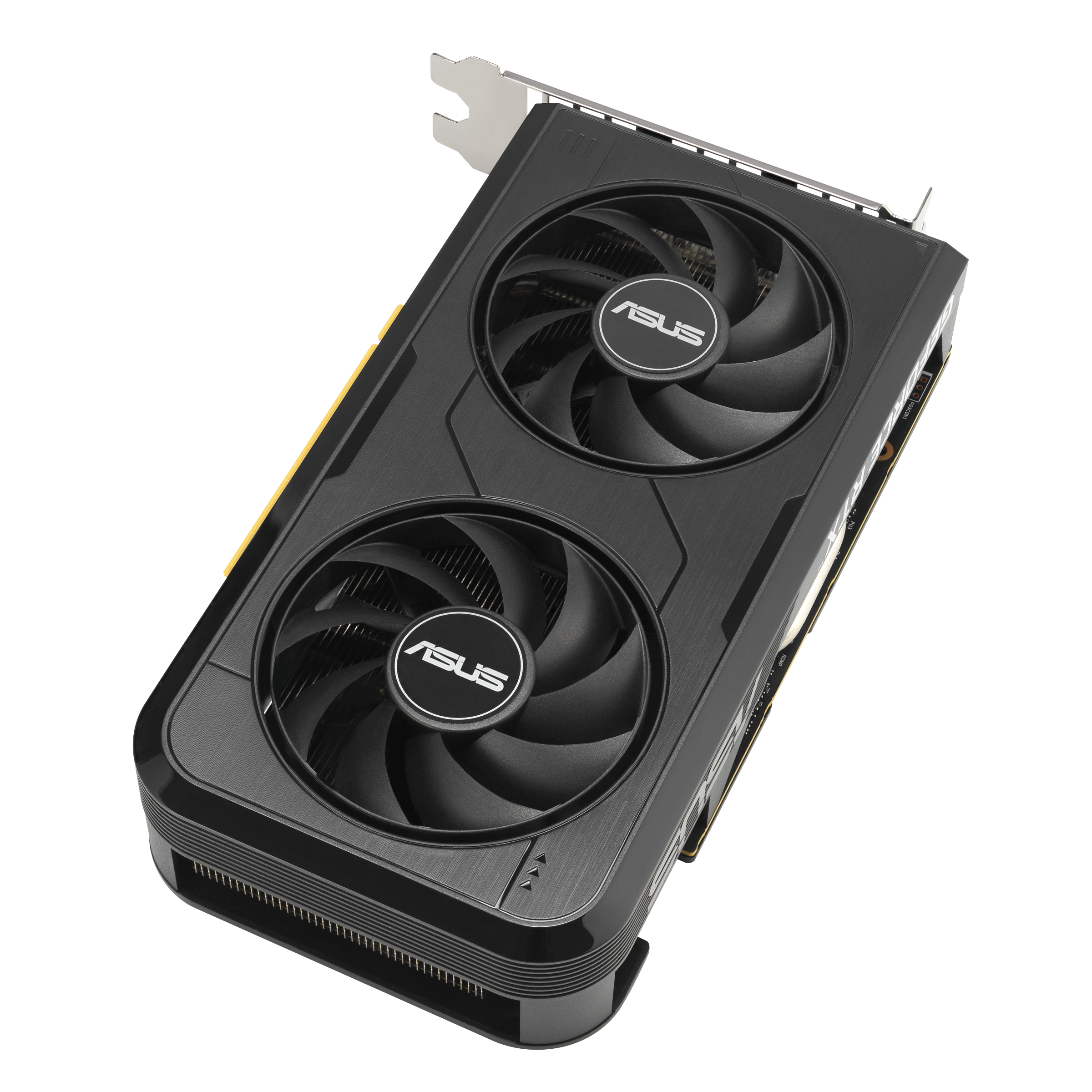 Schwarze ASUS-Grafikkarte mit zwei Lüftern und silbernem Anschluss.