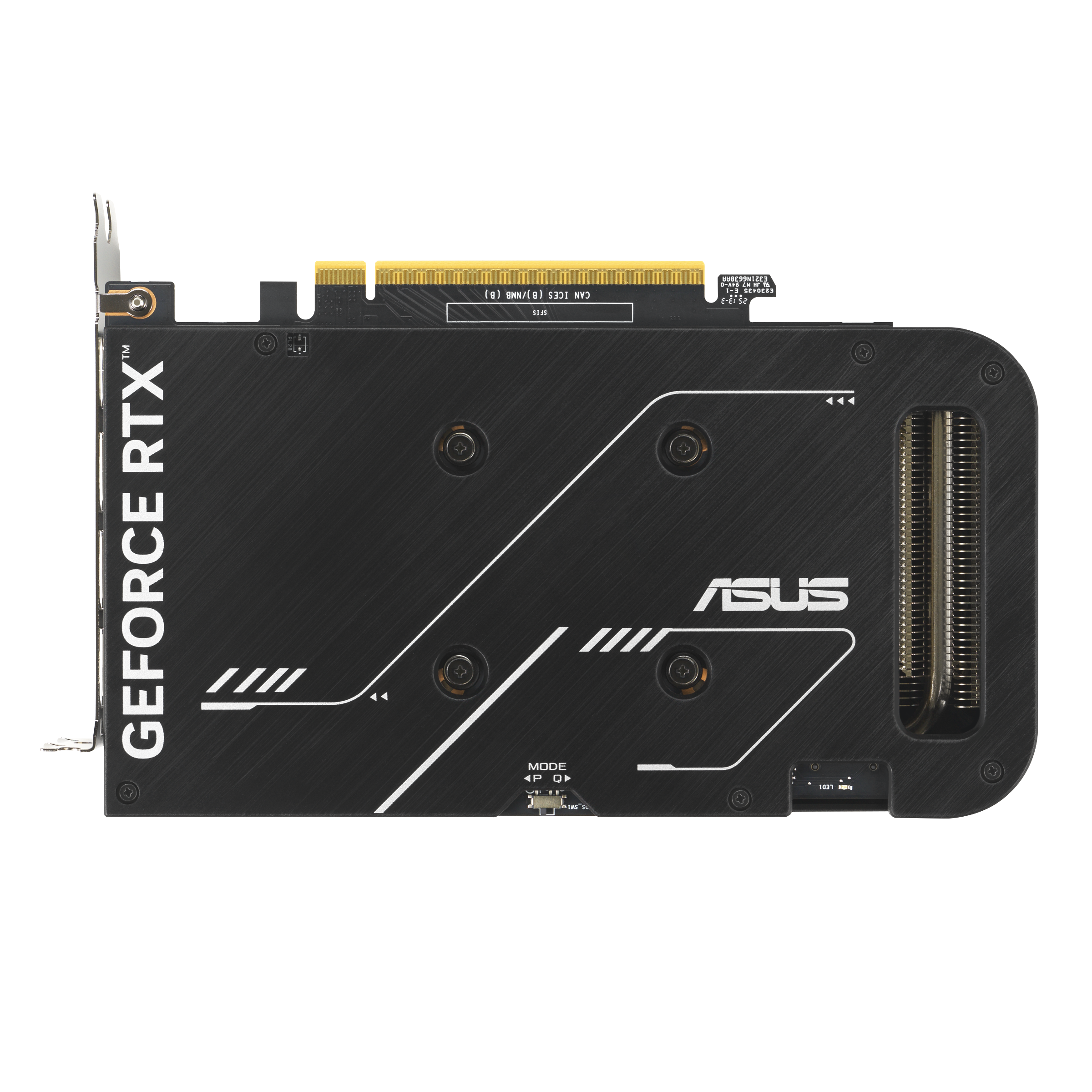 Schwarze ASUS GeForce RTX Grafikkarte mit silbernem Schriftzug und Kühlrippen.