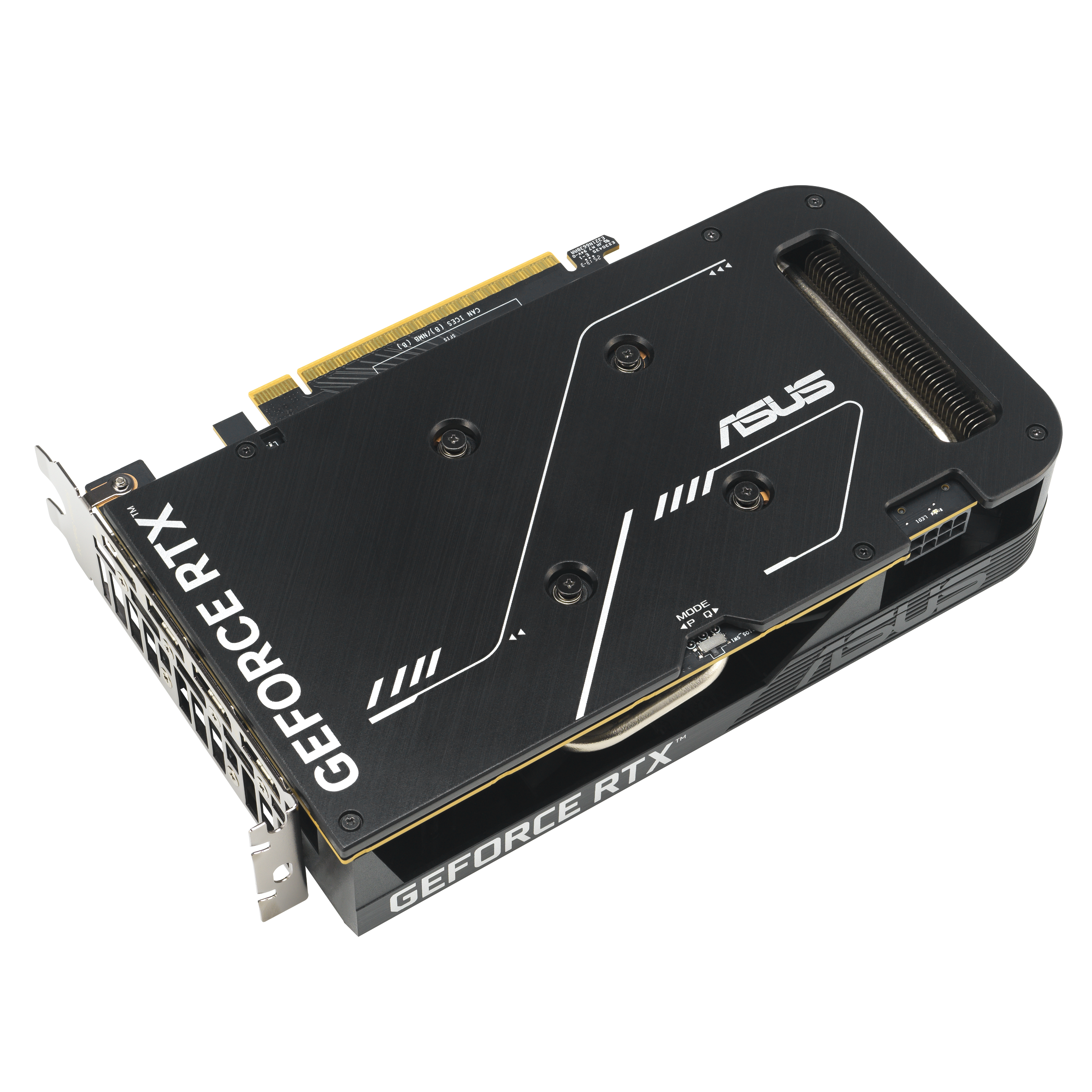 Schwarze Asus GeForce RTX Grafikkarte mit silbernen Akzenten auf weißem Hintergrund.