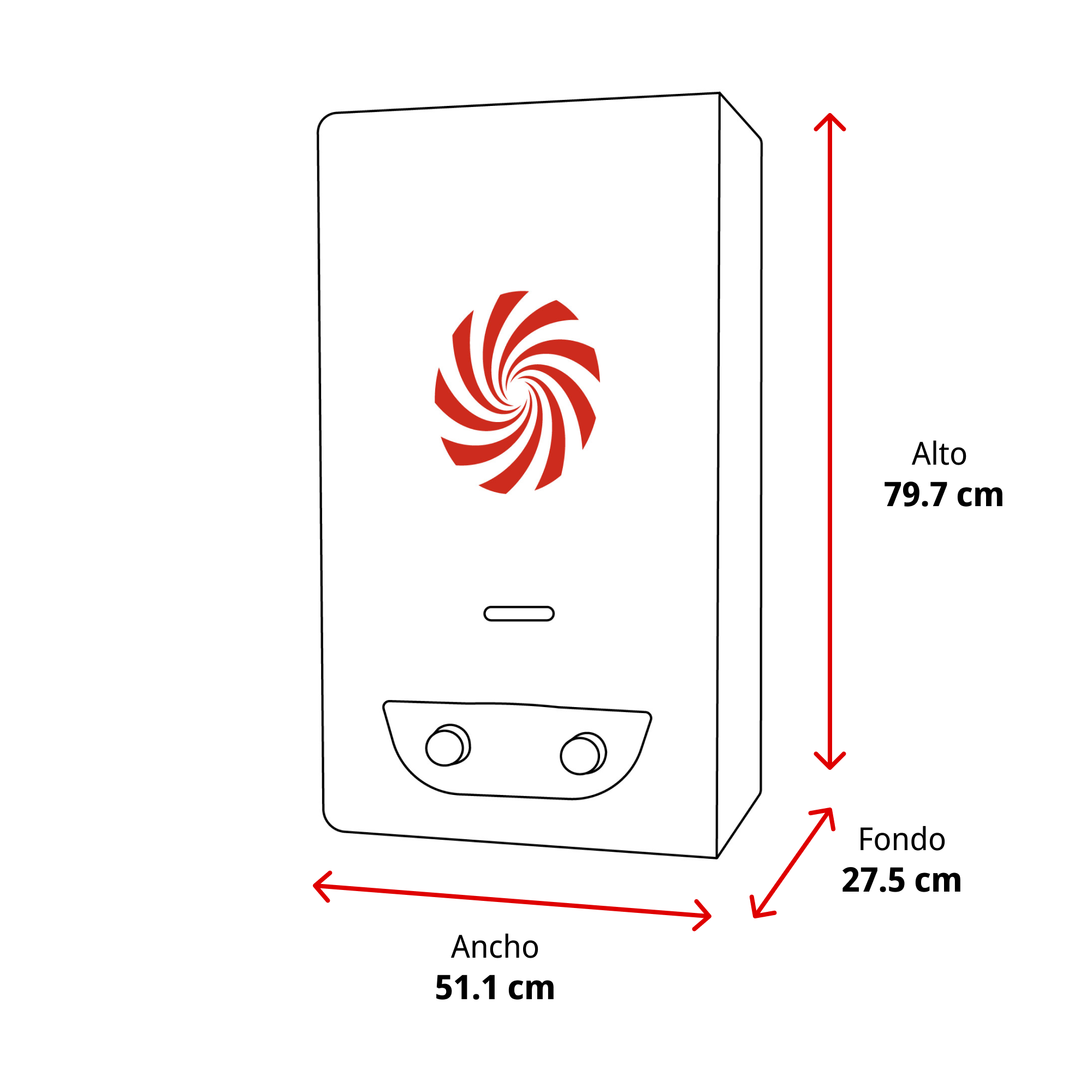 Un aparato blanco con logo rojo, medidas: 79,7cm alto, 51,1cm ancho, 27,5cm fondo.