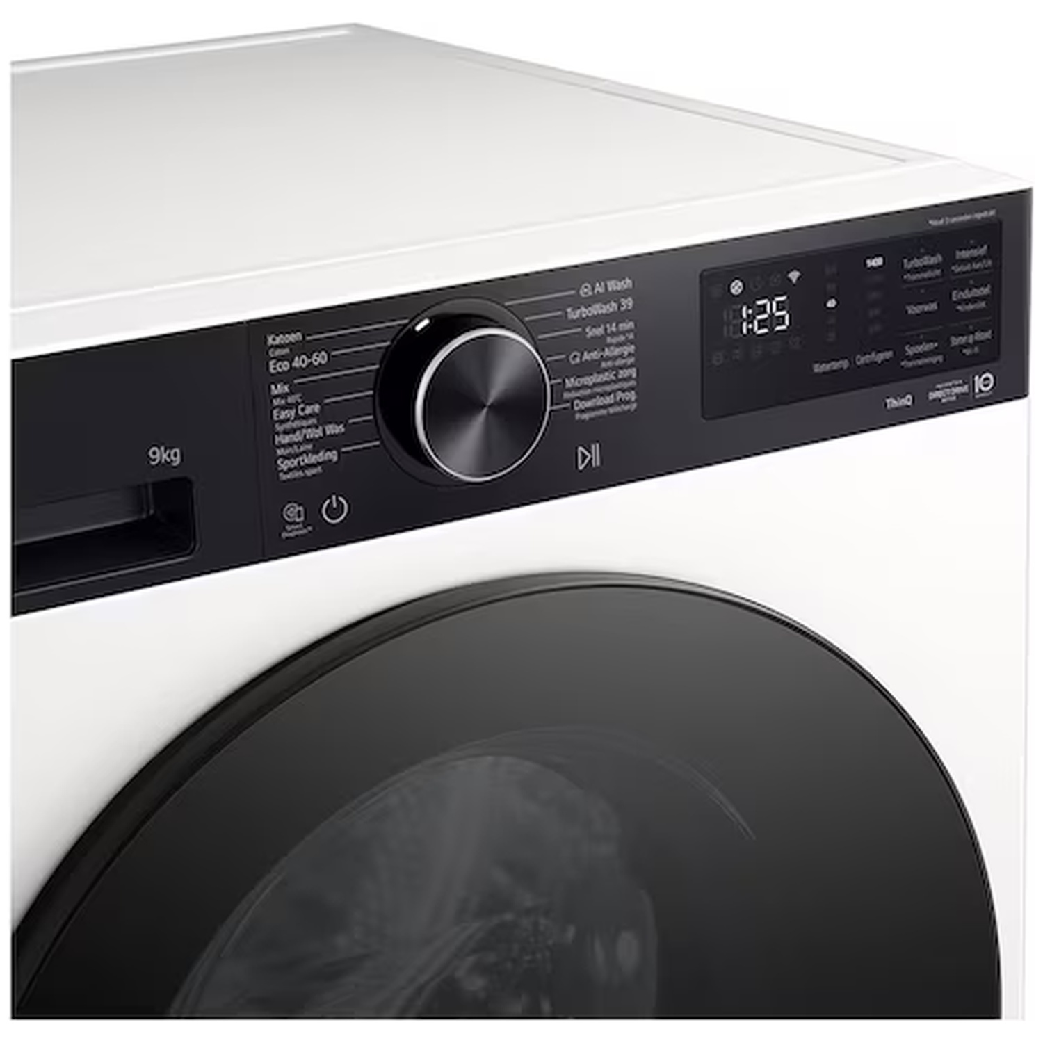 Gros plan d'une machine à laver blanche avec panneau de commande noir et porte ronde.