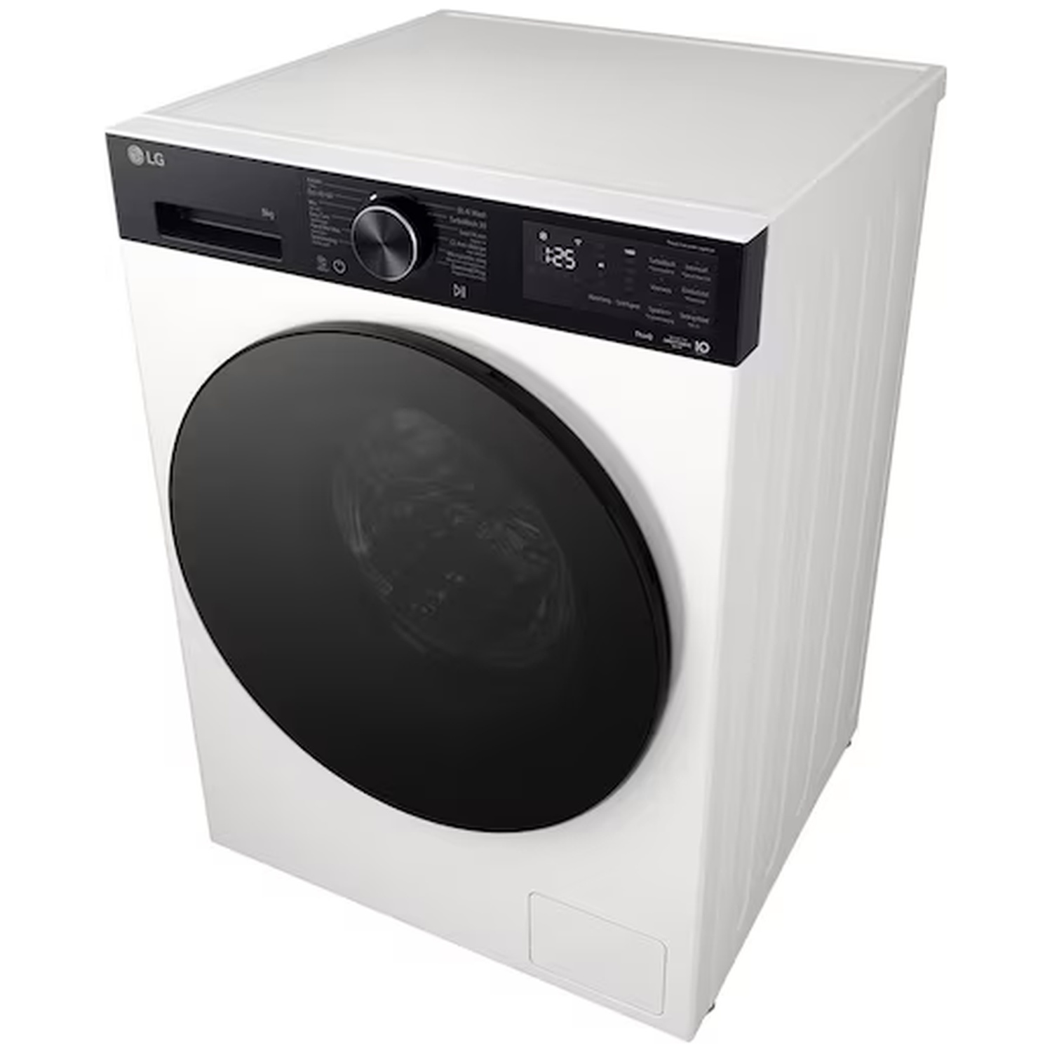 Une machine à laver LG blanche avec une porte et un panneau de contrôle noirs.