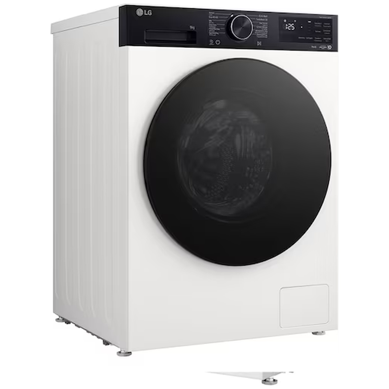 Machine à laver LG blanche avec porte et panneau de contrôle noirs.