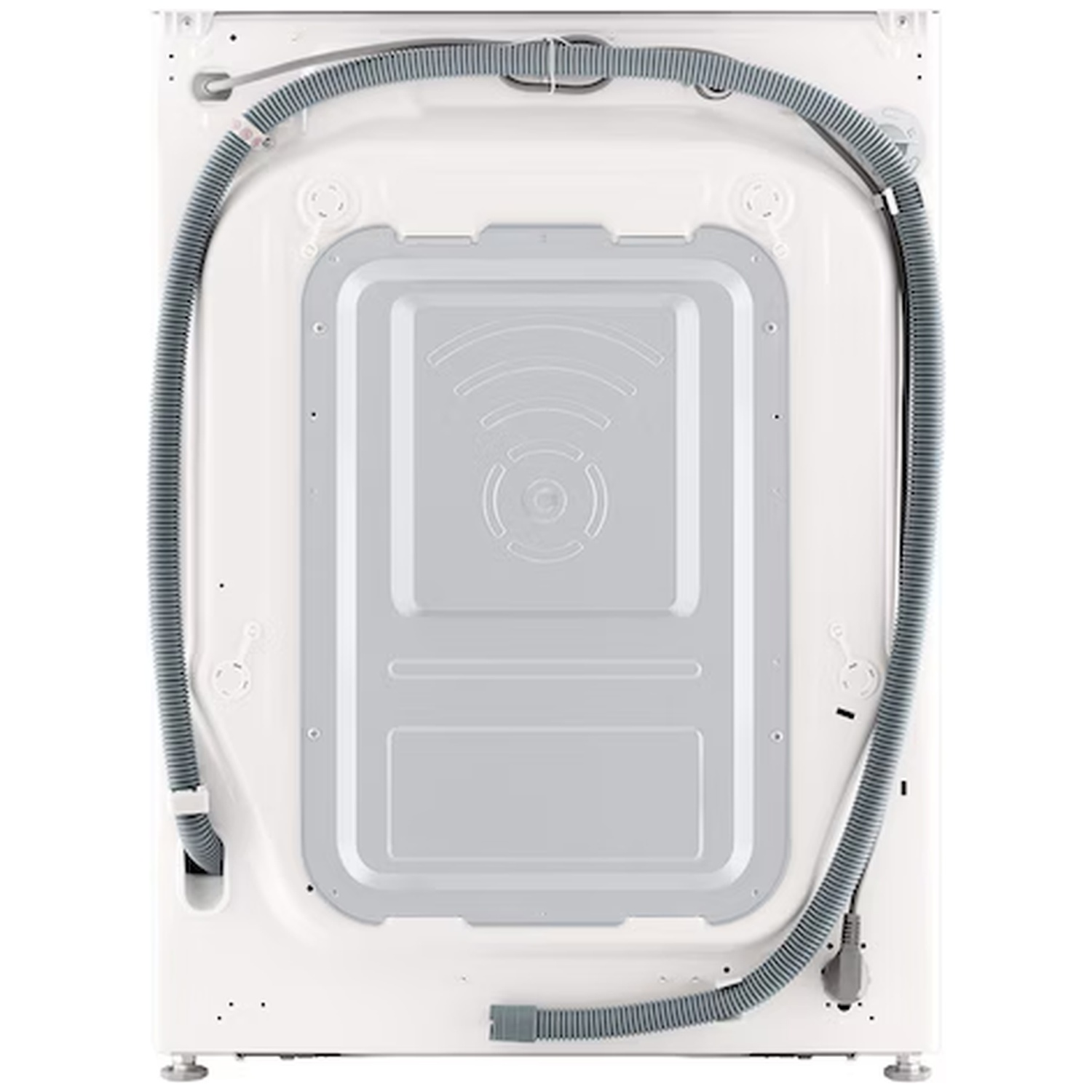 Arrière d'une machine à laver blanche avec tuyau gris et plaque métallique.
