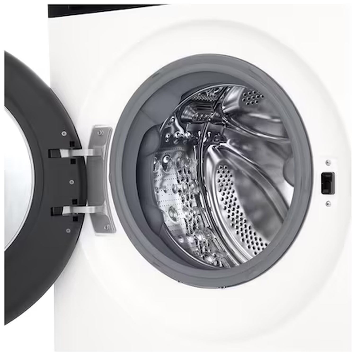 Machine à laver blanche ouverte avec tambour argenté et porte noire.