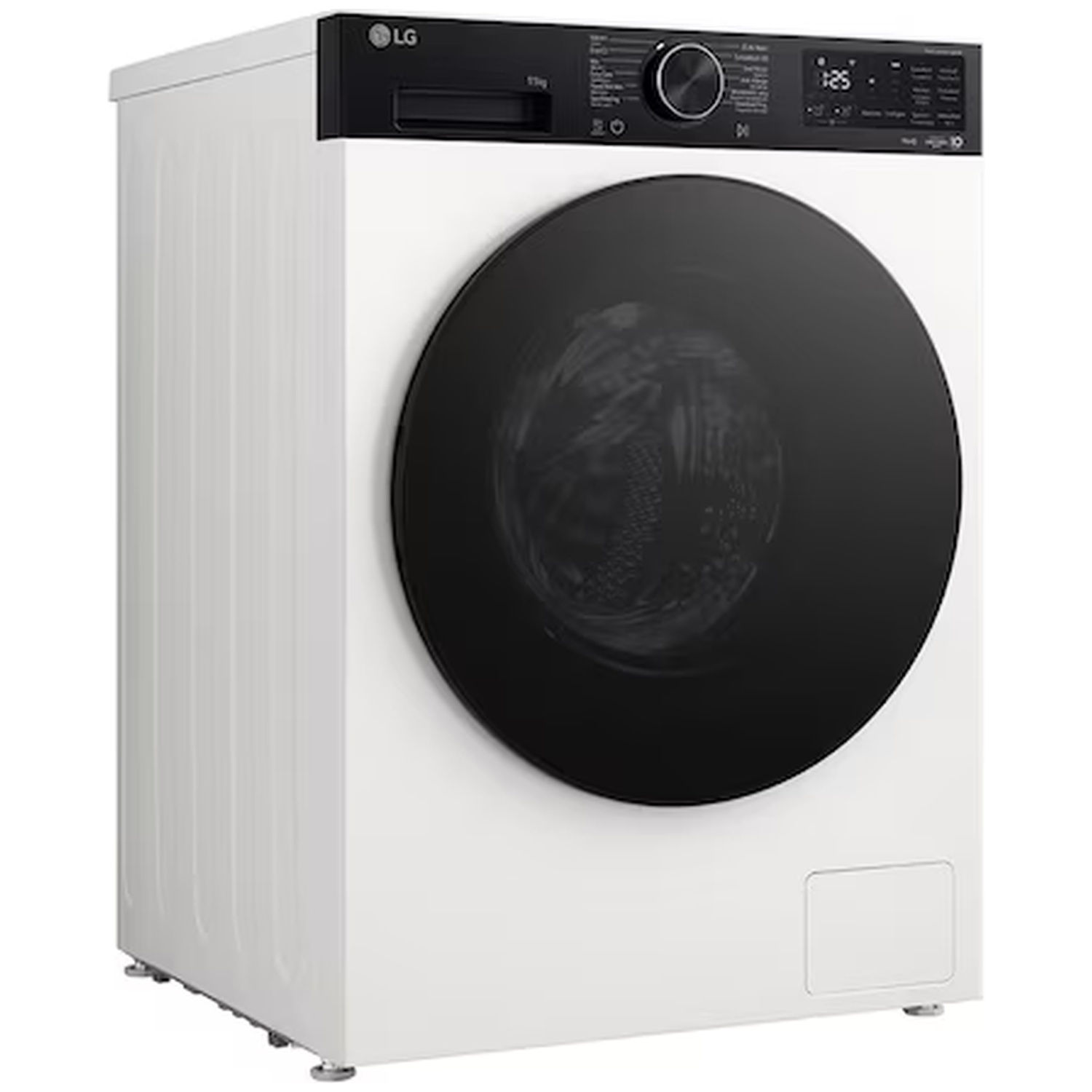 Machine à laver LG blanche avec porte et panneau de commande noirs.