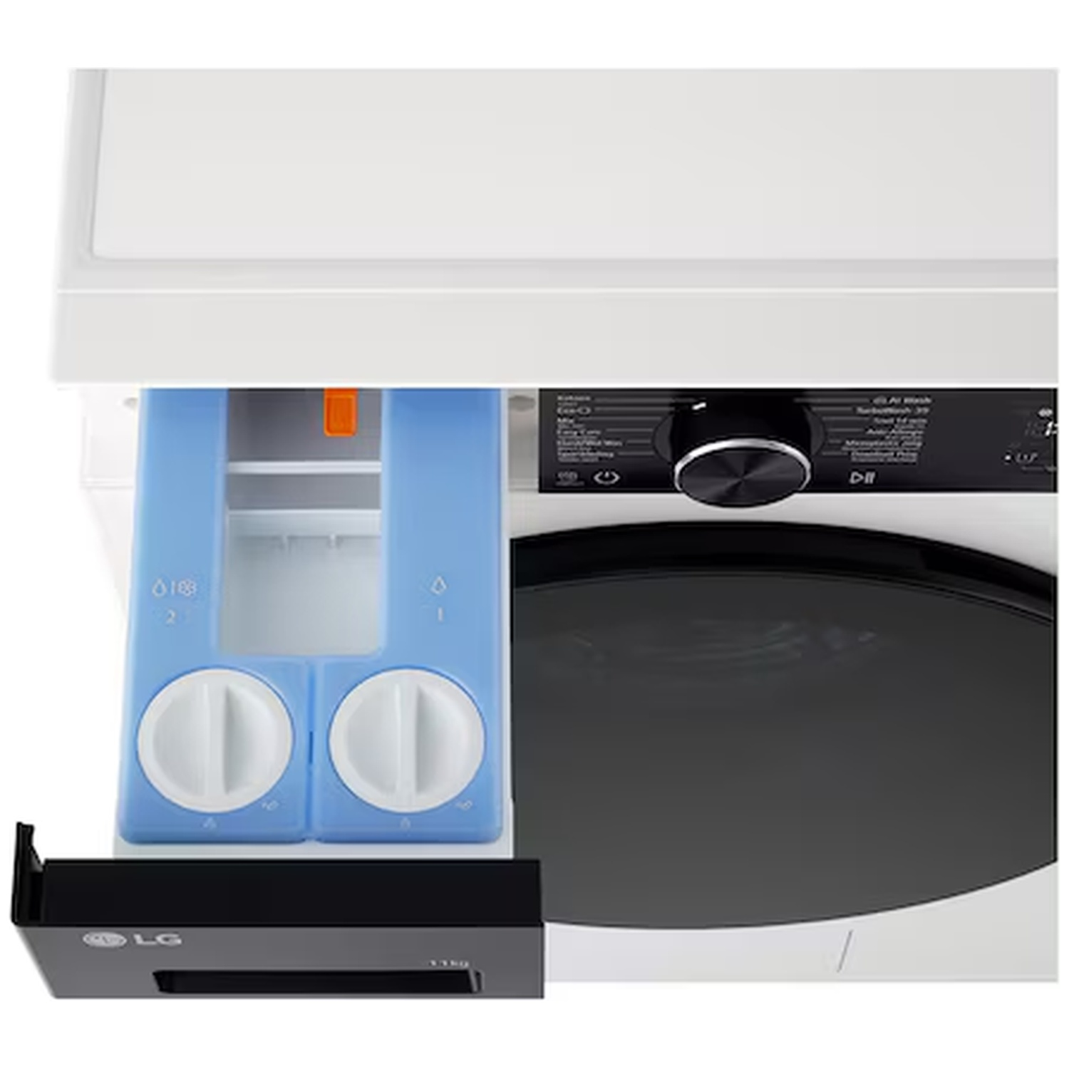 Une machine à laver blanche avec tiroir à détergent extractible et panneau de commande noir.