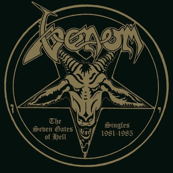 Goldener pentagramm-Ziegenkopf mit Bandlogo und Text "The Seven Gates of Hell Singles 1981-1985".