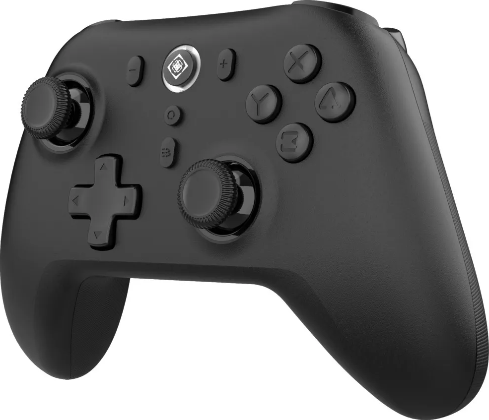 Un controller di gioco nero con due joystick, D-pad e pulsanti.