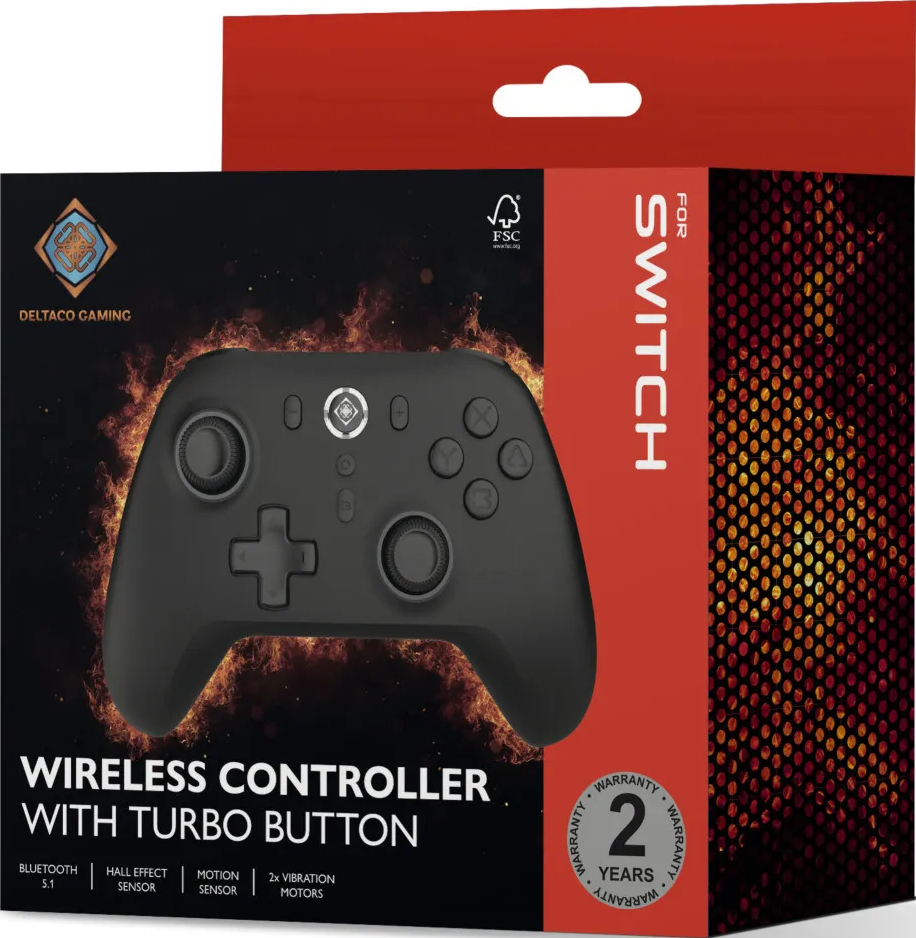 Controller wireless nero per Nintendo Switch, con sfondo di fiamme.
