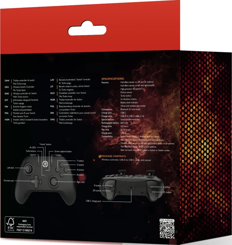 Controller nero con etichette e specifiche per Nintendo Switch.
