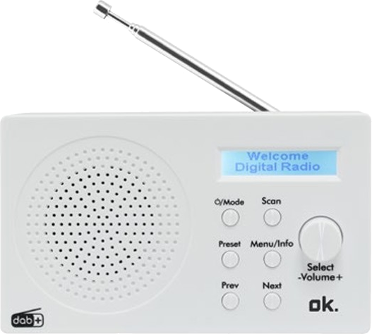 Een witte DAB+-radio met uitschuifbare antenne en LCD-scherm.