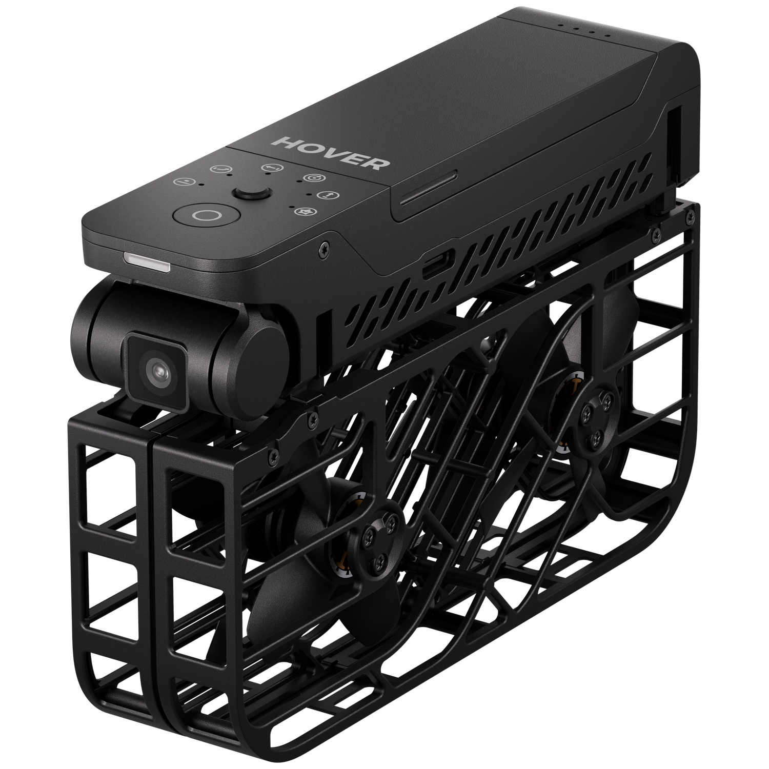 Zwarte, compacte dronebody met camera en propellerbescherming.
