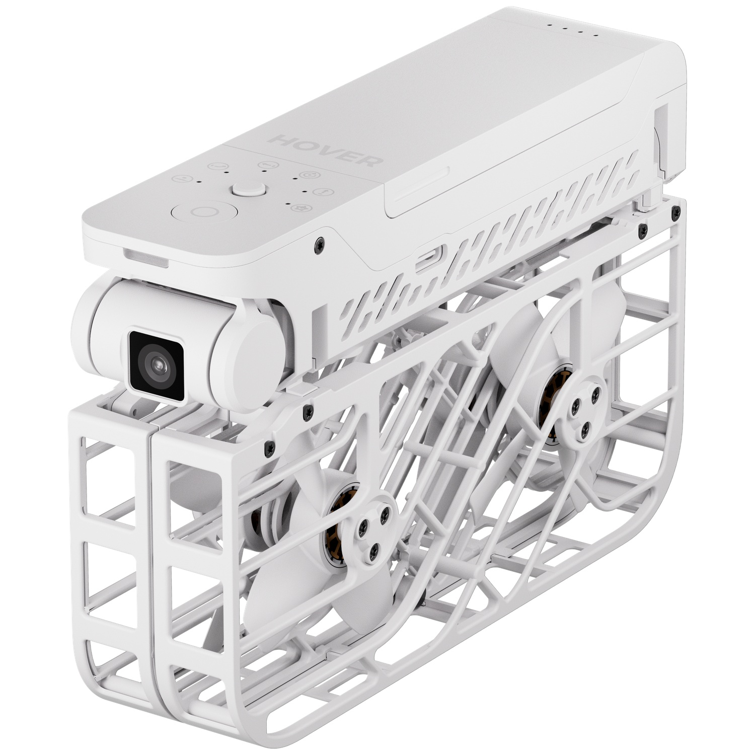 Een witte opvouwbare drone met camera en propellers wordt getoond op witte achtergrond.
