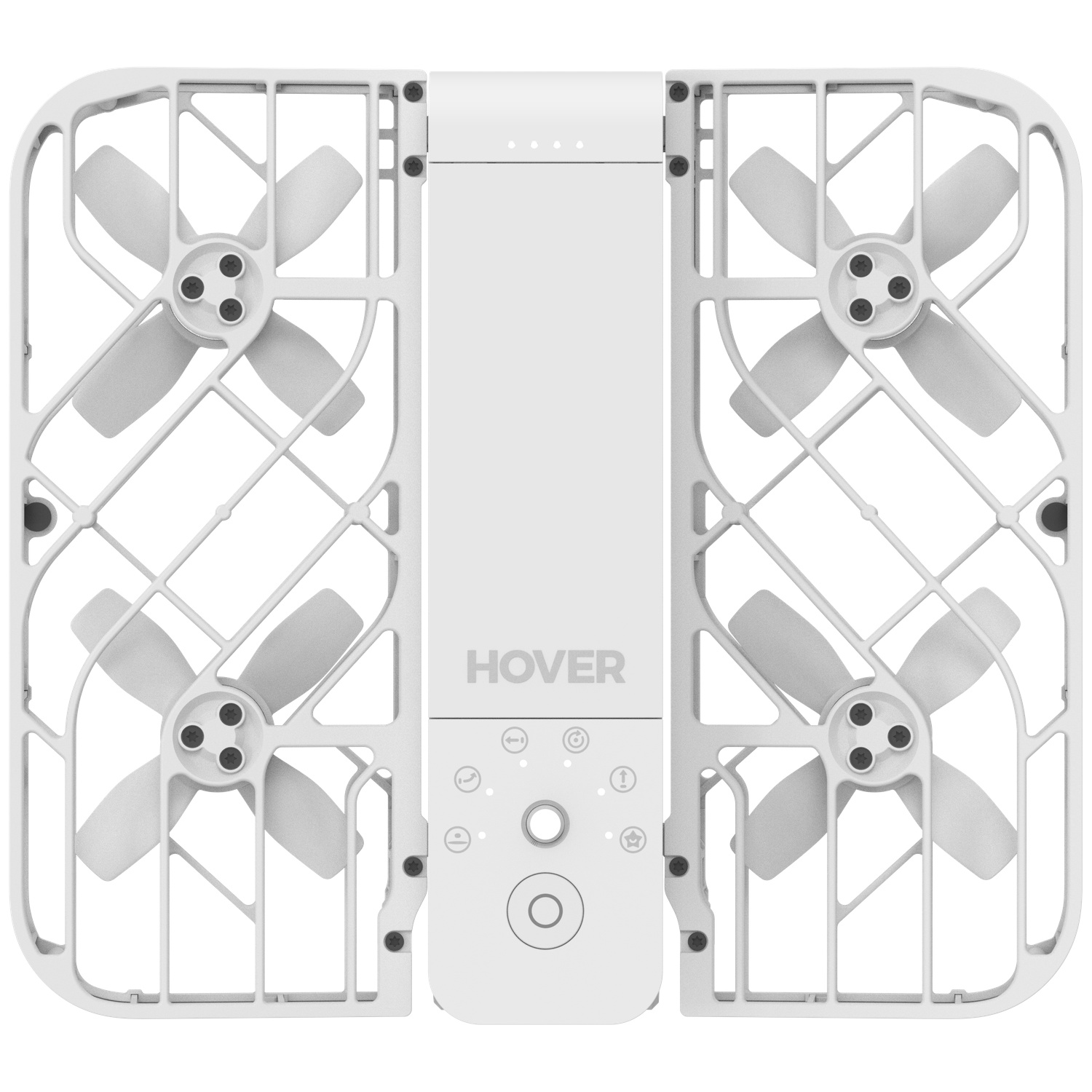 Een witte minidrone met beschermende kooien en propellers van bovenaf.