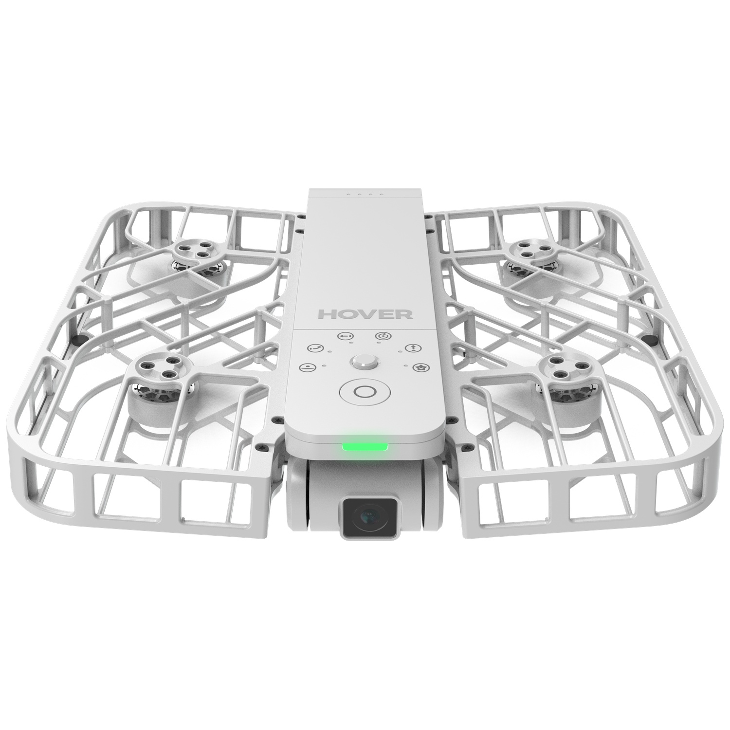 Een witte opvouwbare drone met camera en propellerbeschermers op witte achtergrond.